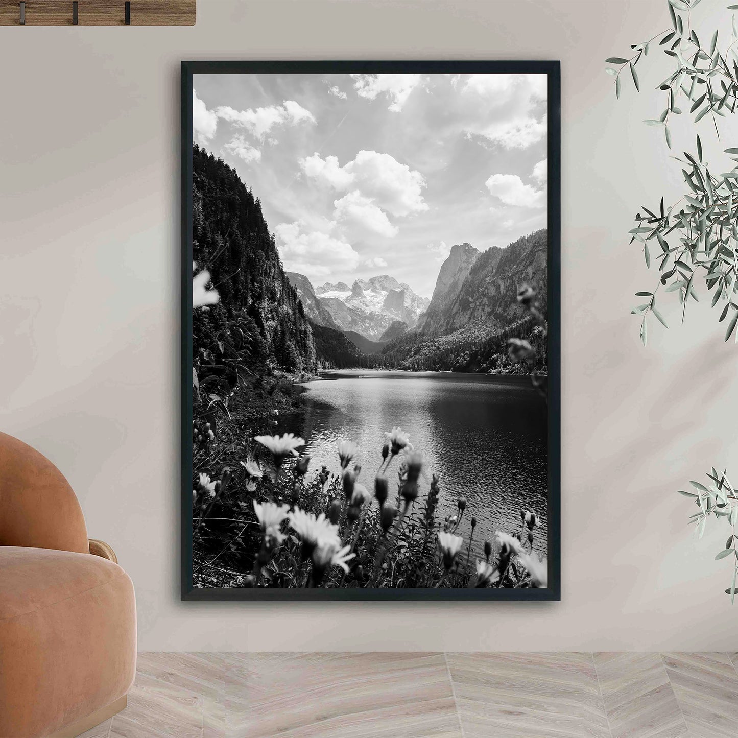 Austria Lake and Mountains Photo: Vintage Black and White Landscape (Digital Download)