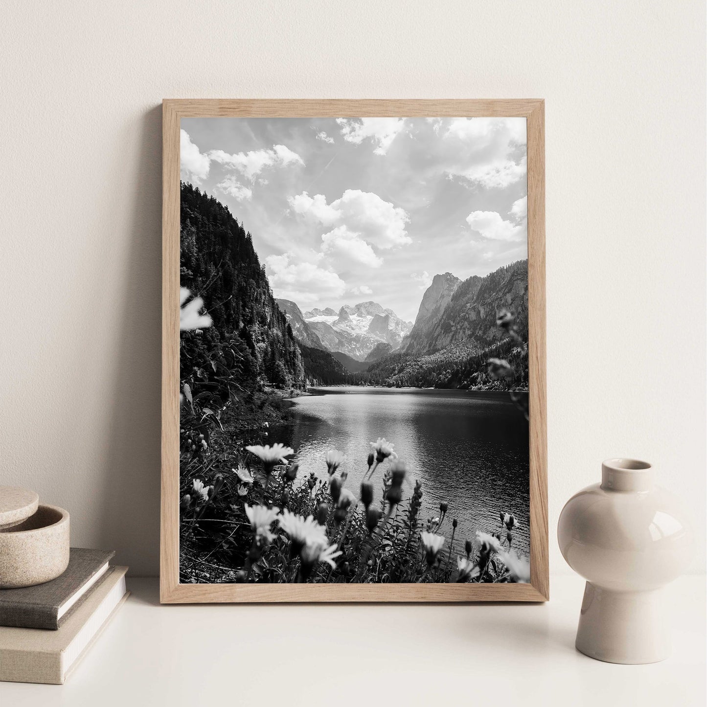 Austria Lake and Mountains Photo: Vintage Black and White Landscape (Digital Download)