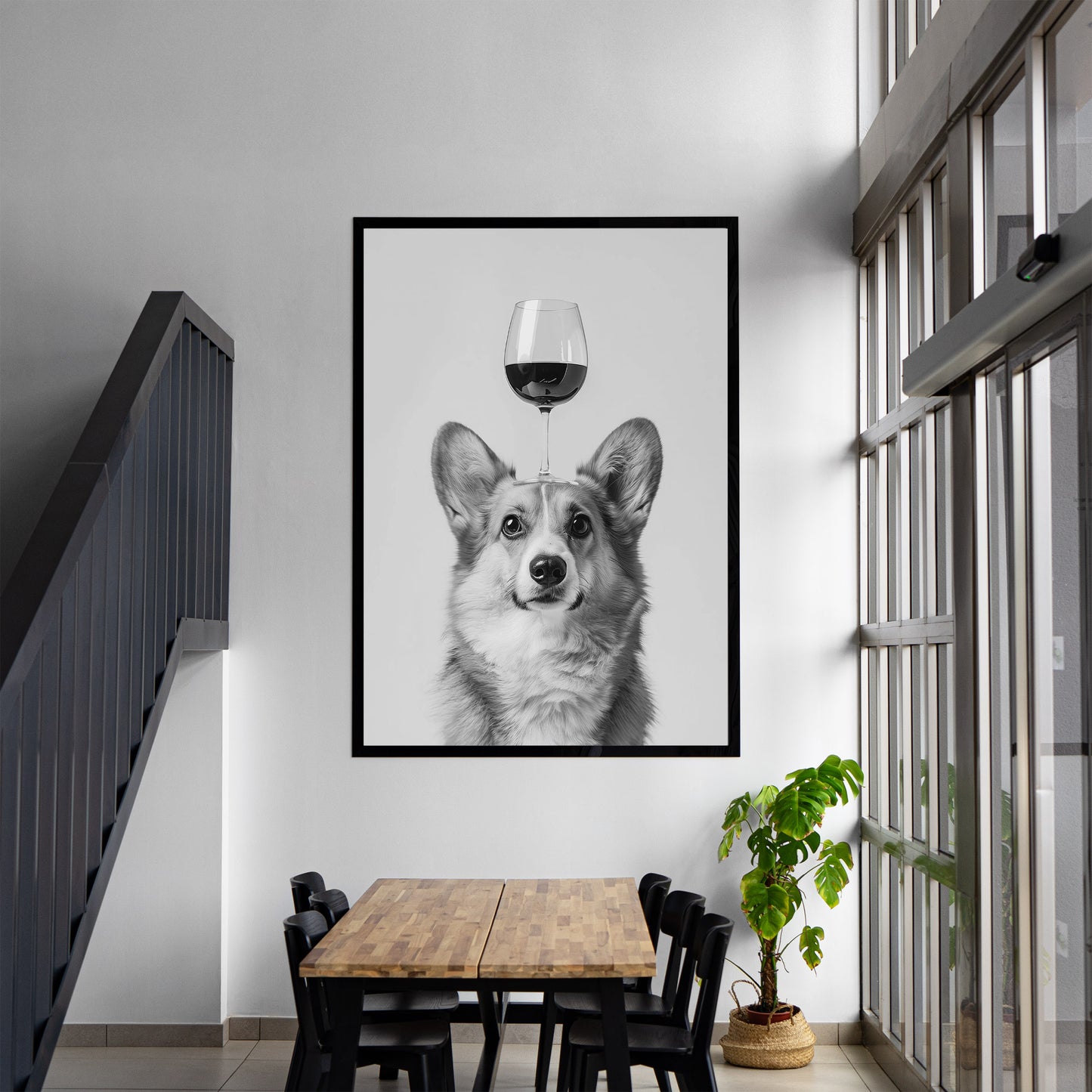 Corgi Balancing Wine Glass Print: Funny Bar Cart Dog Poster, Alcohol Kitchen Decor - Black & White Wall Art ArdorPrints