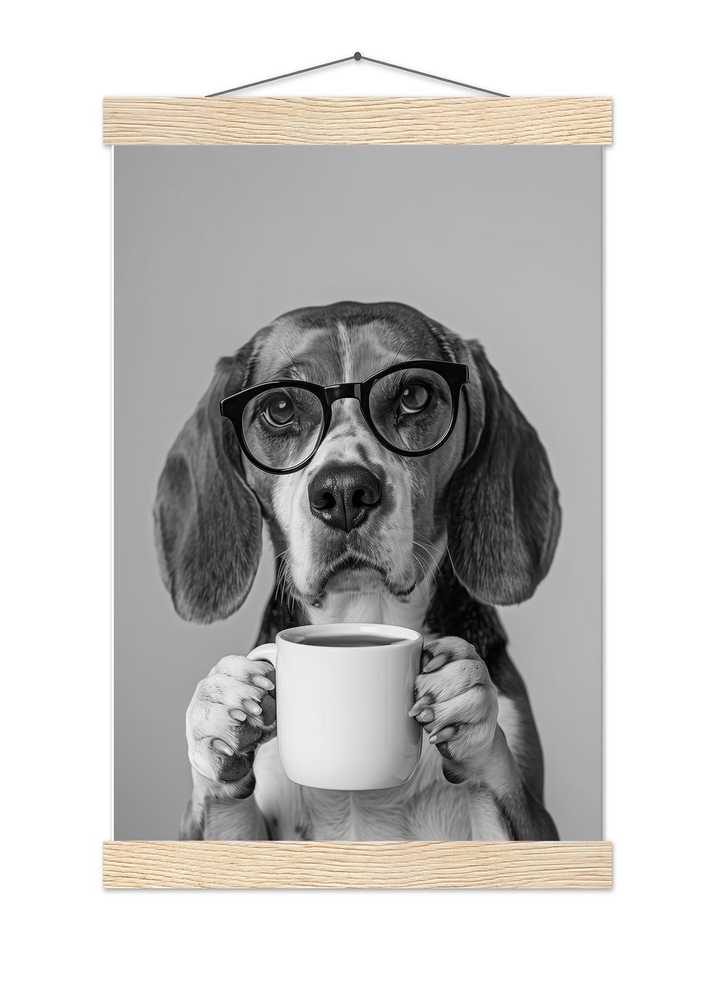 Beagle Drinking Coffee Print Coffee Bar Decor, Funny Dog Poster, Kitchen Wall Art - Black and White Print