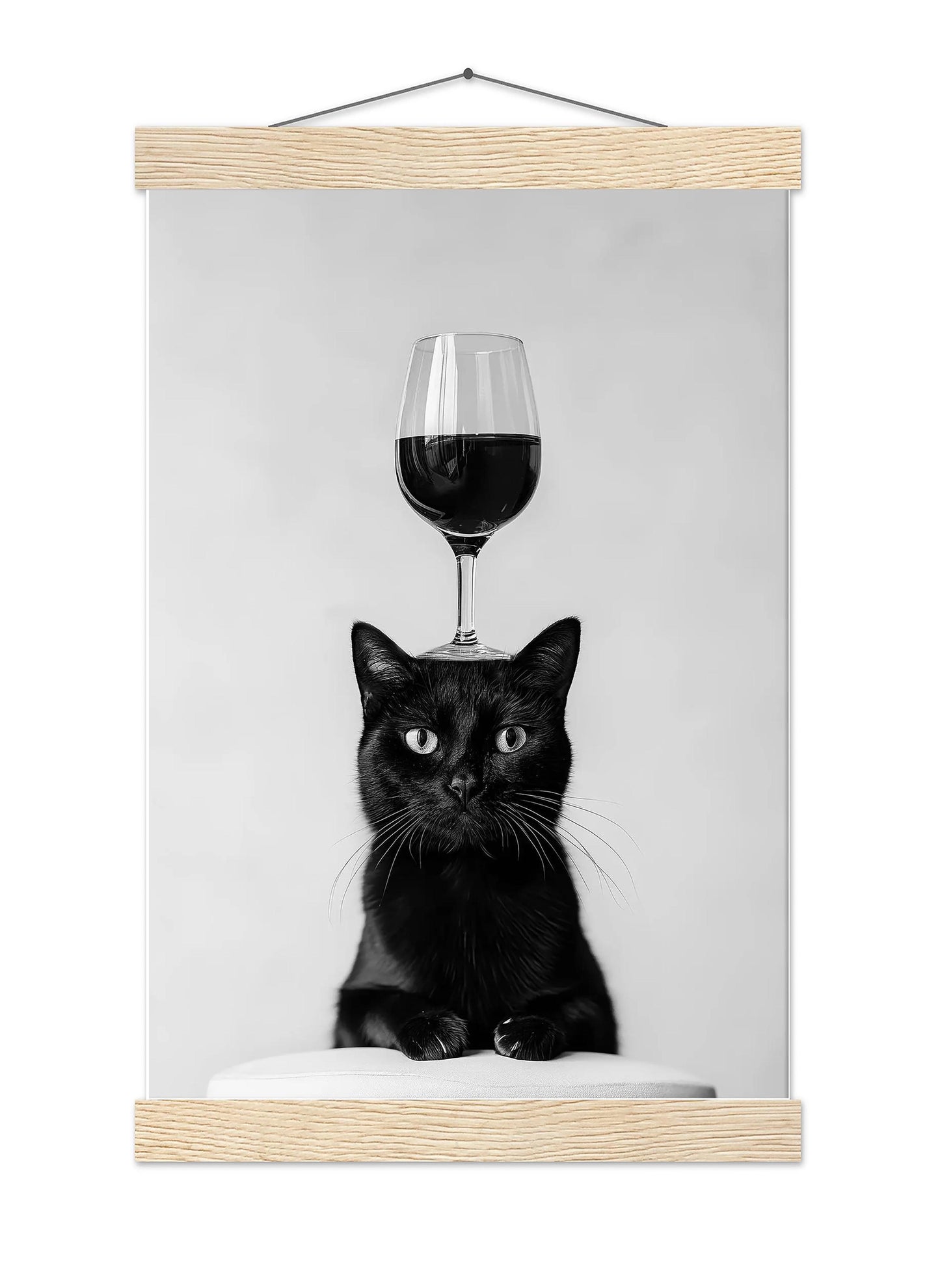 Black Cat Balancing Wine Print Funny Bar Cart Poster, Cat Kitchen Decor - Black and White Wall Art