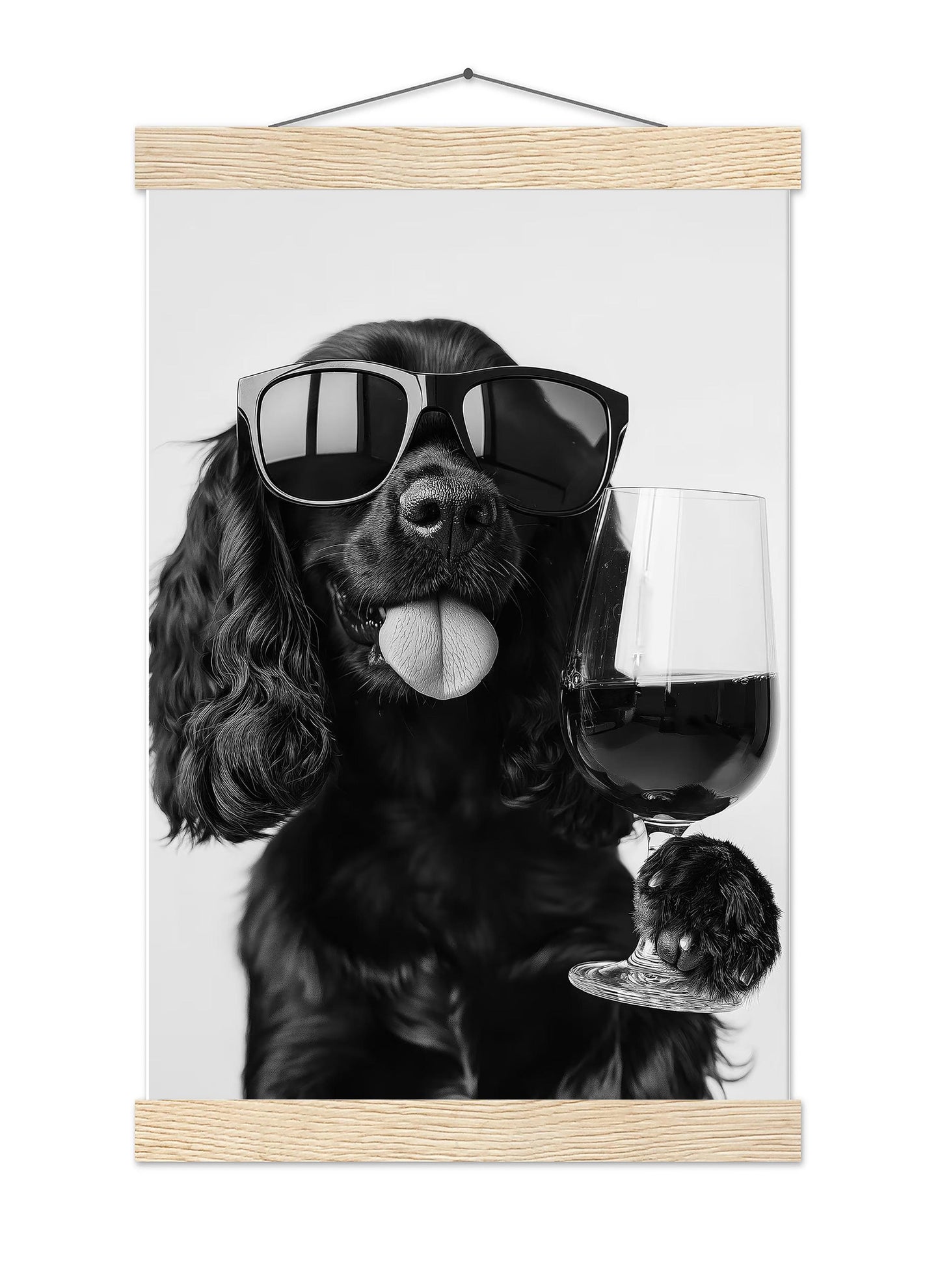 Black Cocker Spaniel and Wine Print Funny Dog Art, Bar Cart Poster, Trendy Kitchen Decor - Black and White Wall Art