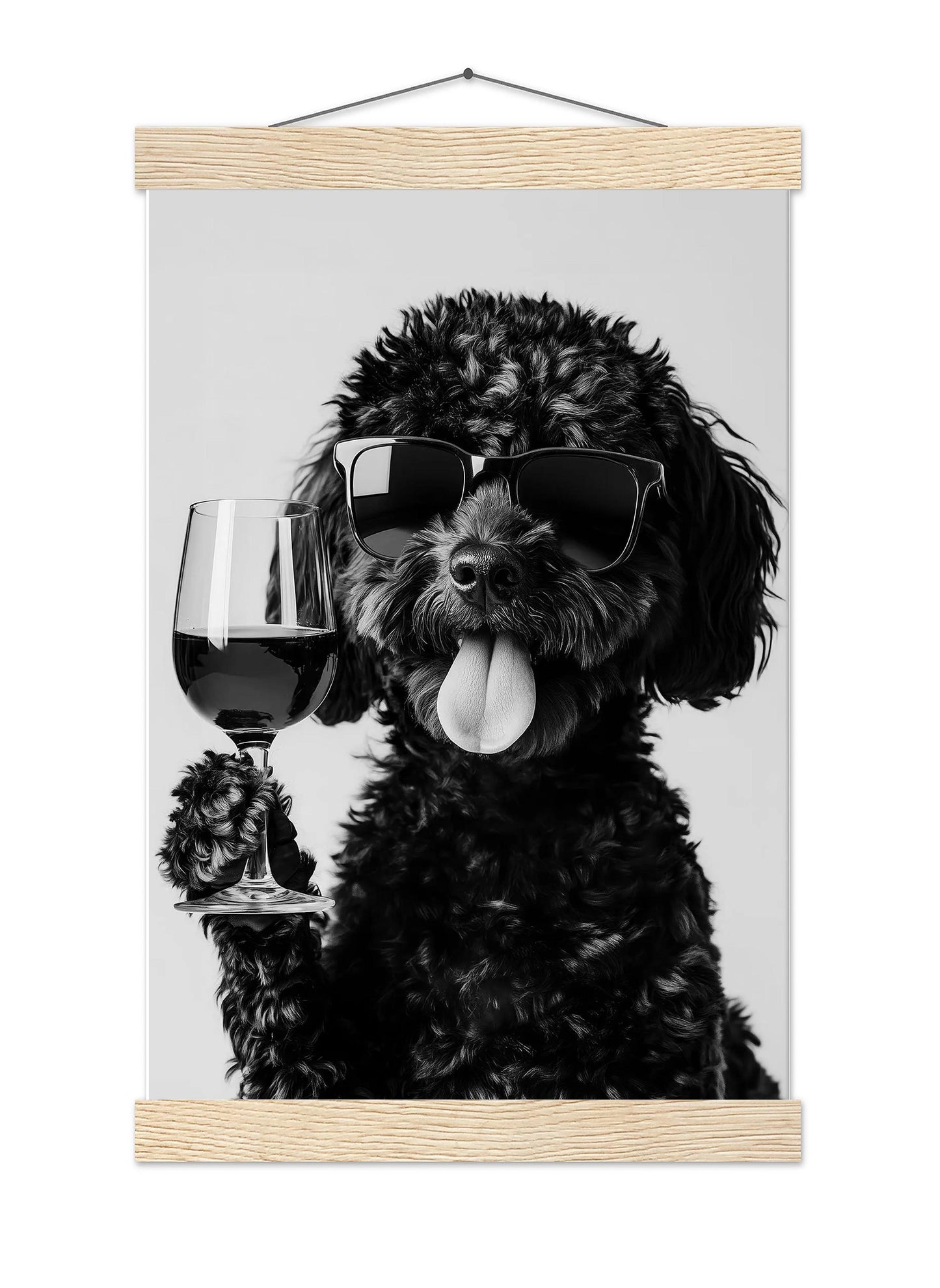 Black Labradoodle Drinking Wine Print Bar Cart Print, Funny Dog Poster, Dog Kitchen Decor - Black and White Wall Art