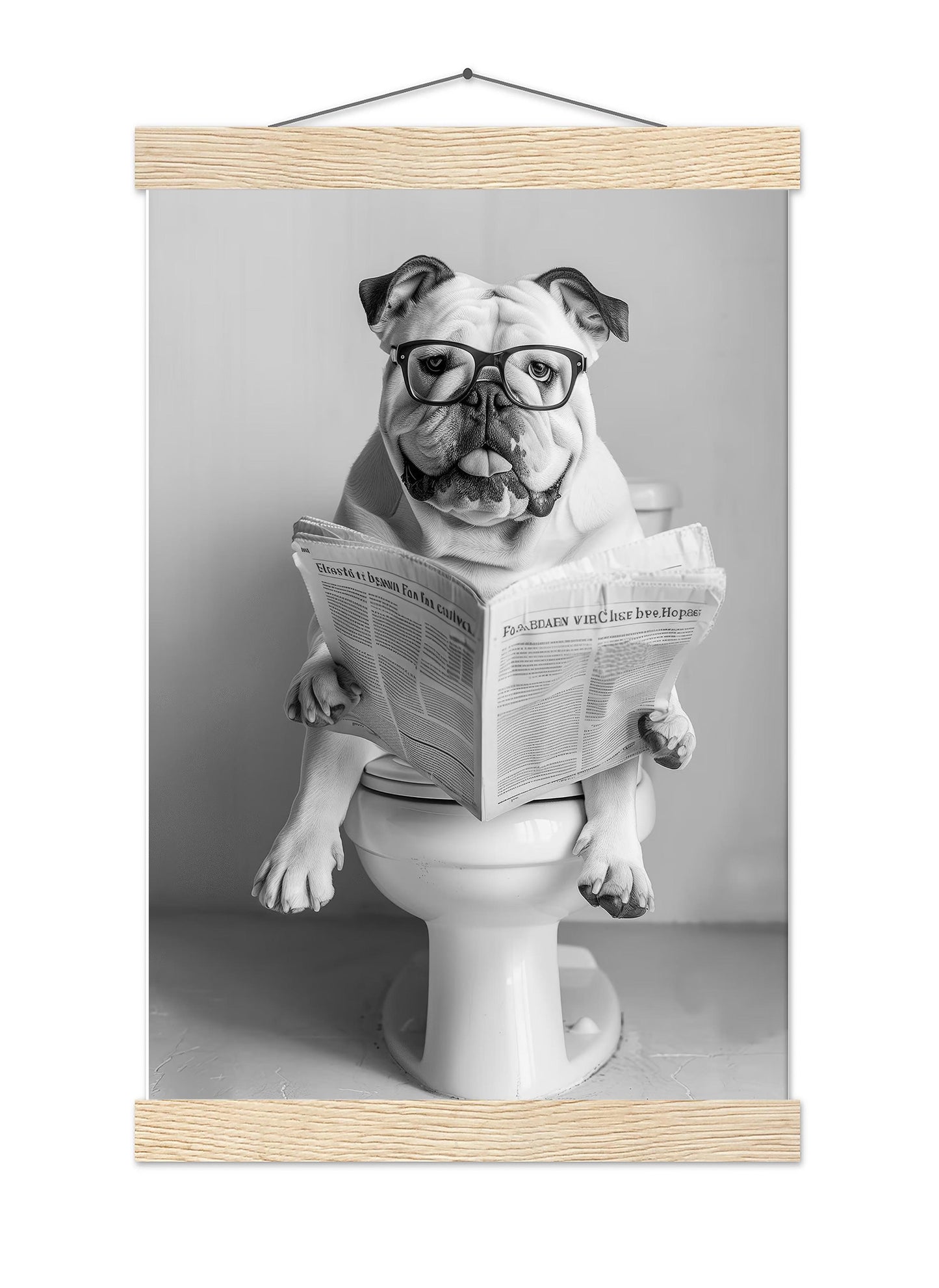 Bulldog Bathroom Wall Art Funny Dog on Toilet Print, English Bulldog Reading Newspaper Poster, Black and White Pet Decor
