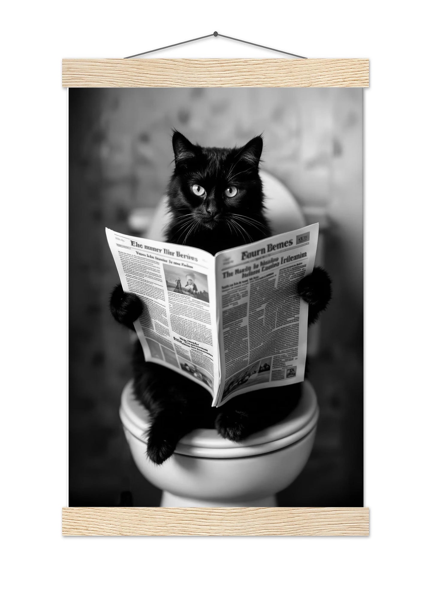 Cat On Toilet Print Black Cat Reading Newspaper, Funny Cat Poster, Bathroom Decor, Bathroom Wall Art - Black And White D