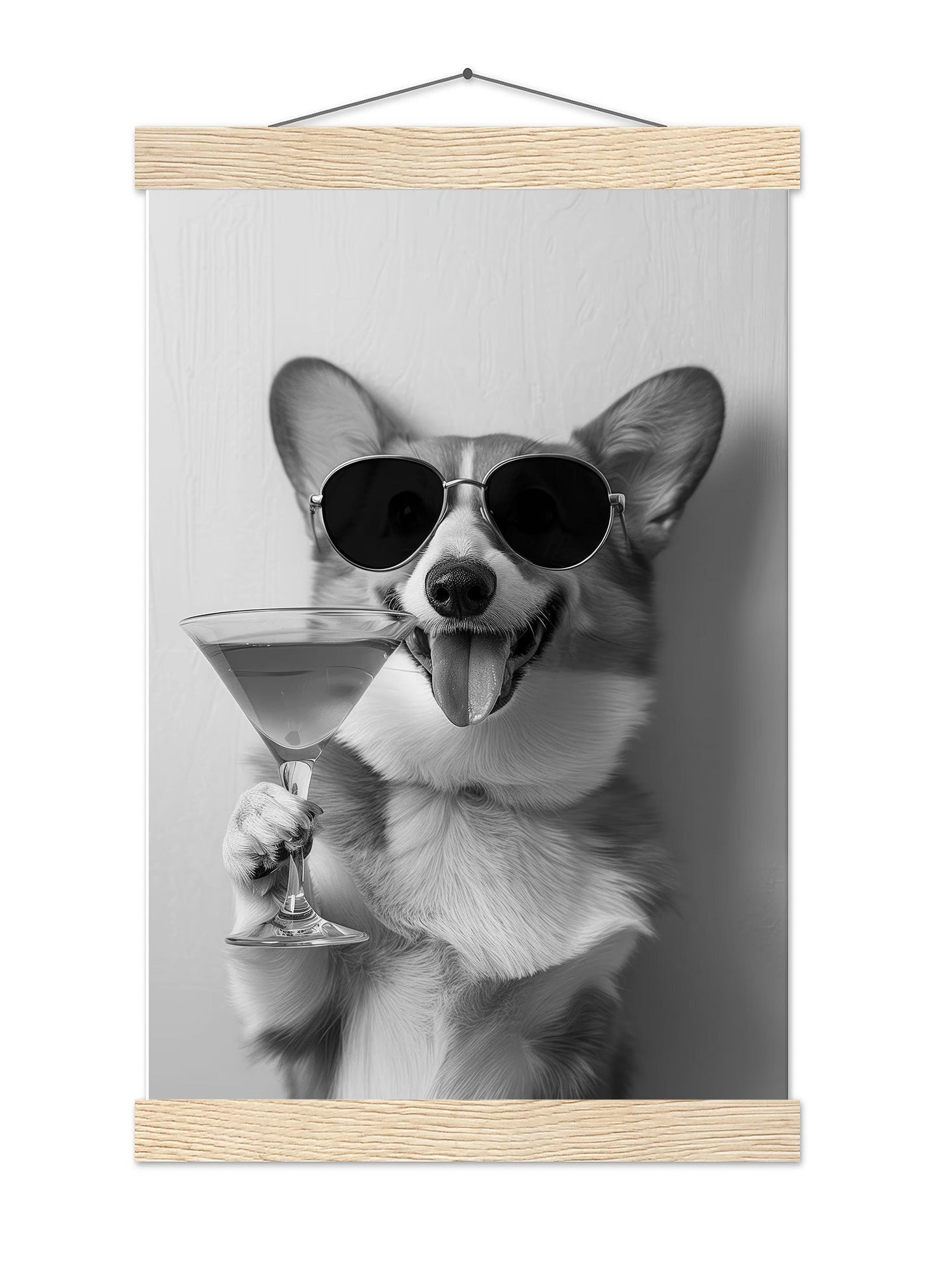 Corgi Drinking Cocktail Print Funny Dog Martini Poster, Bar Cart Decor - Black and White Wall Art