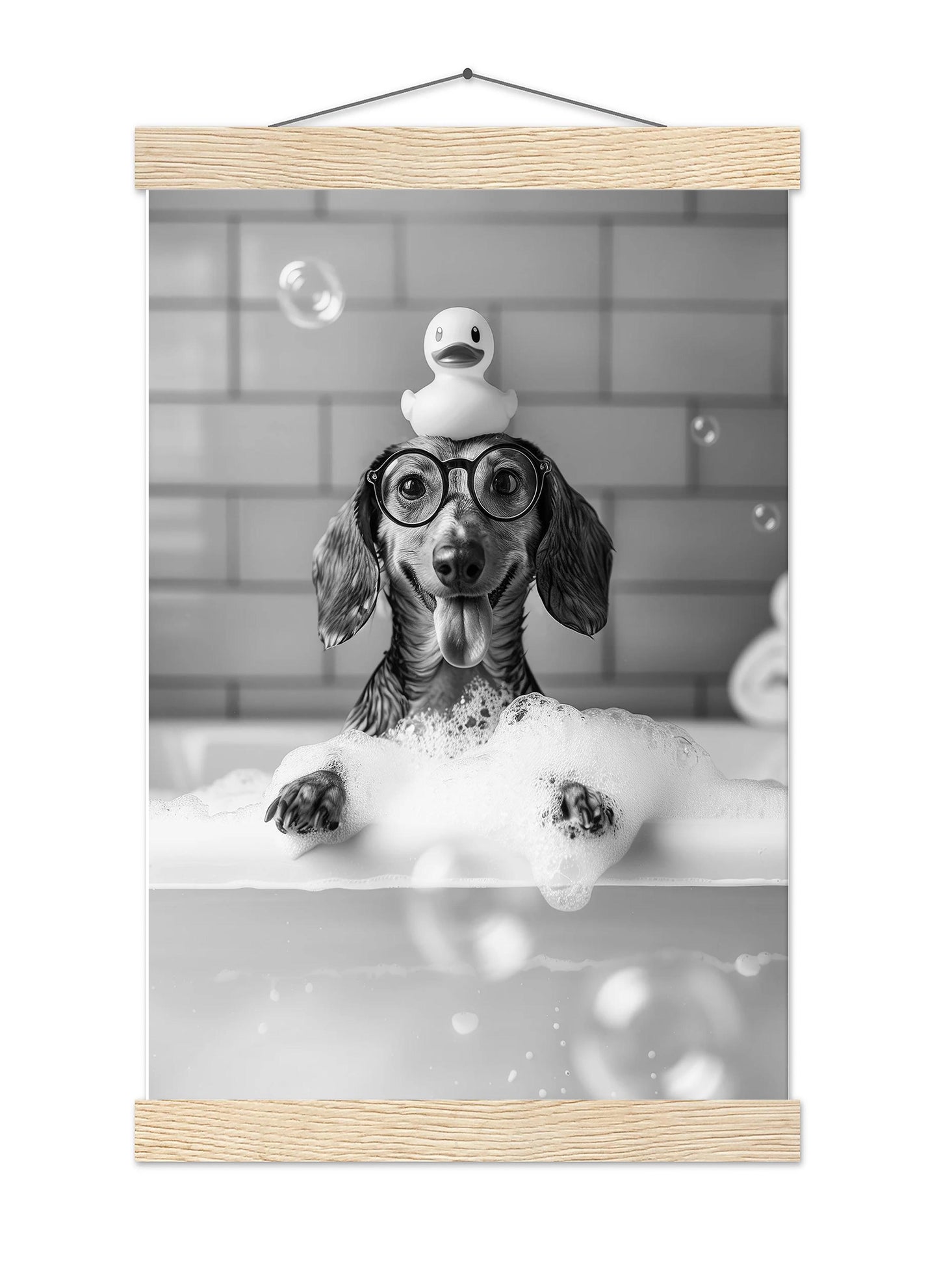 Dachshund Bath Wall Art Wiener In Bathtub Poster, Funny Dog Art, Bathroom Wall Decor - Black and White Print