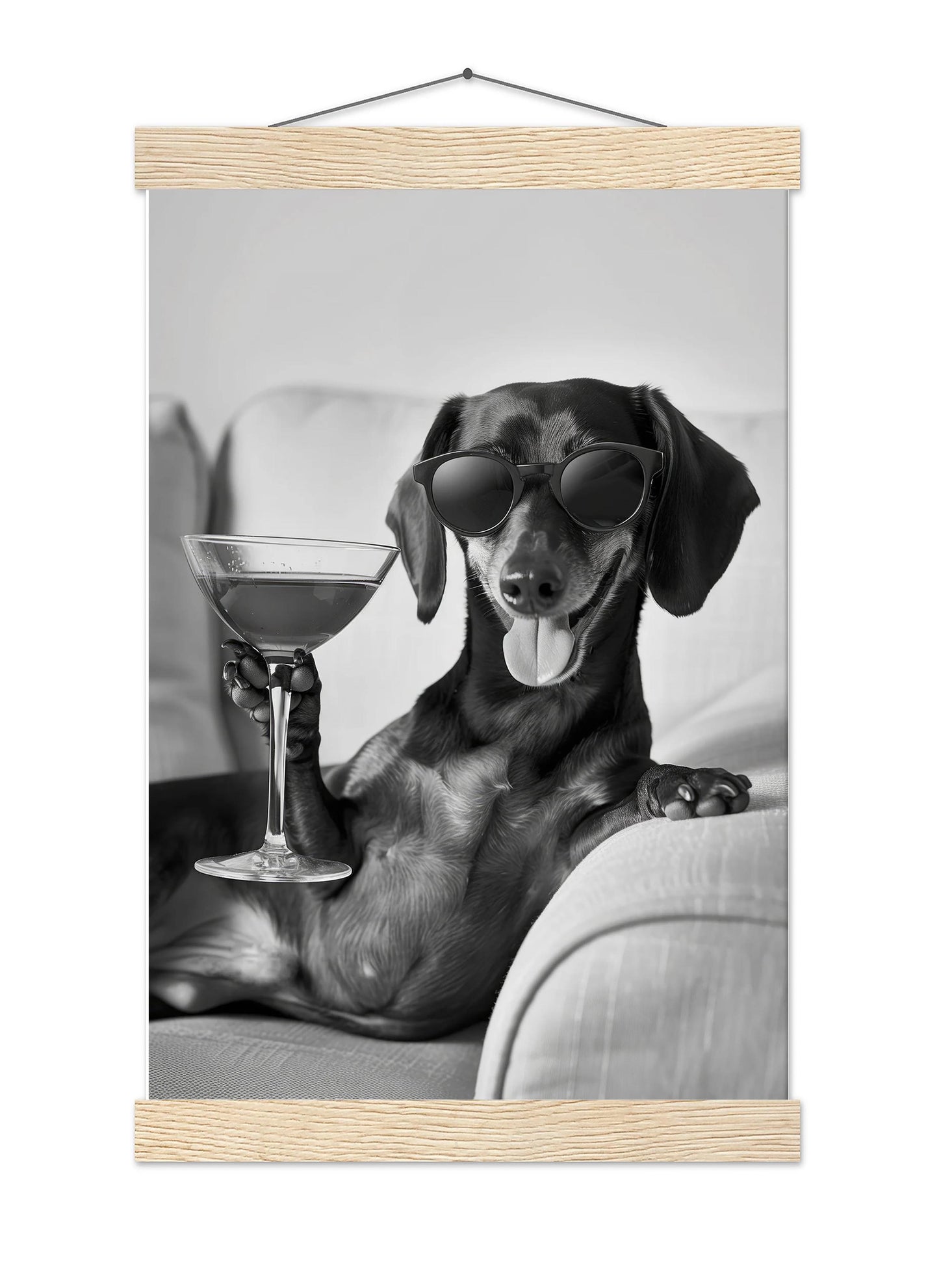 Dachshund Cocktail Print Funny Dog Martini Poster, Wiener Bar Cart Decor - Black and White Wall Art