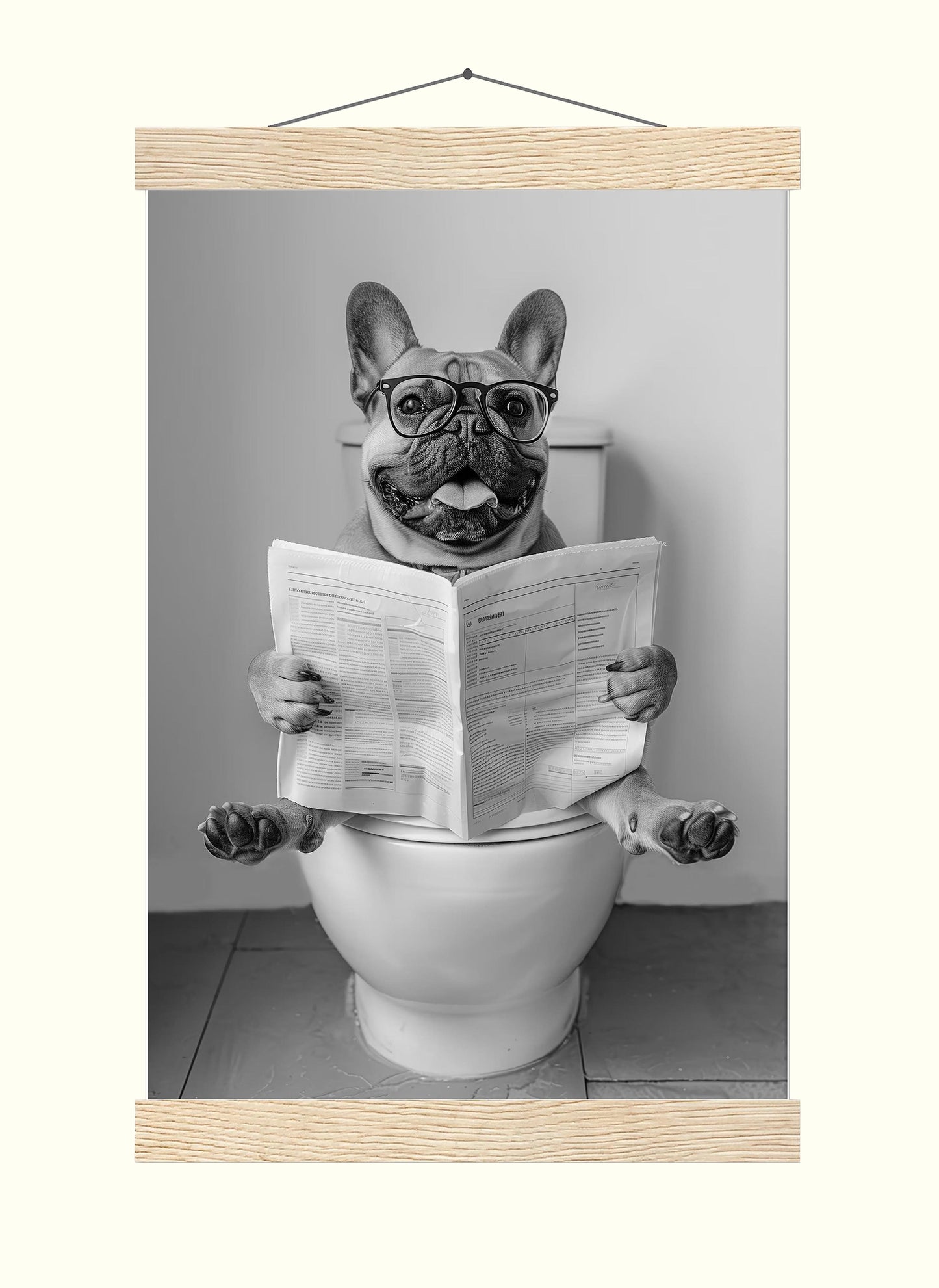 French Bulldog On Toilet Wall Art Frenchie Reading Newspaper, Black and White Print, Funny Dog Poster