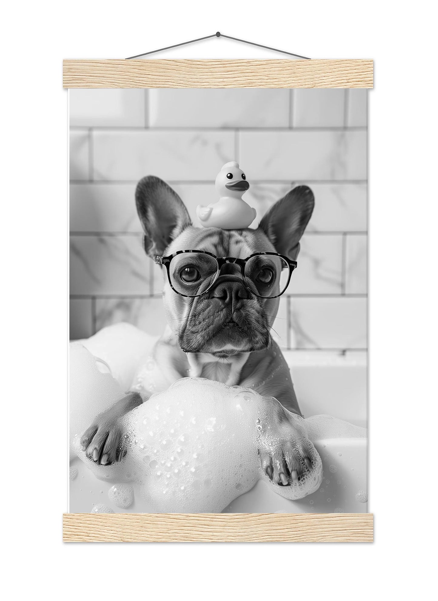 Frenchie Bath Wall Art French Bulldog Tub Poster, Funny Dog Poster, Bathroom Wall Decor - Black and White Print