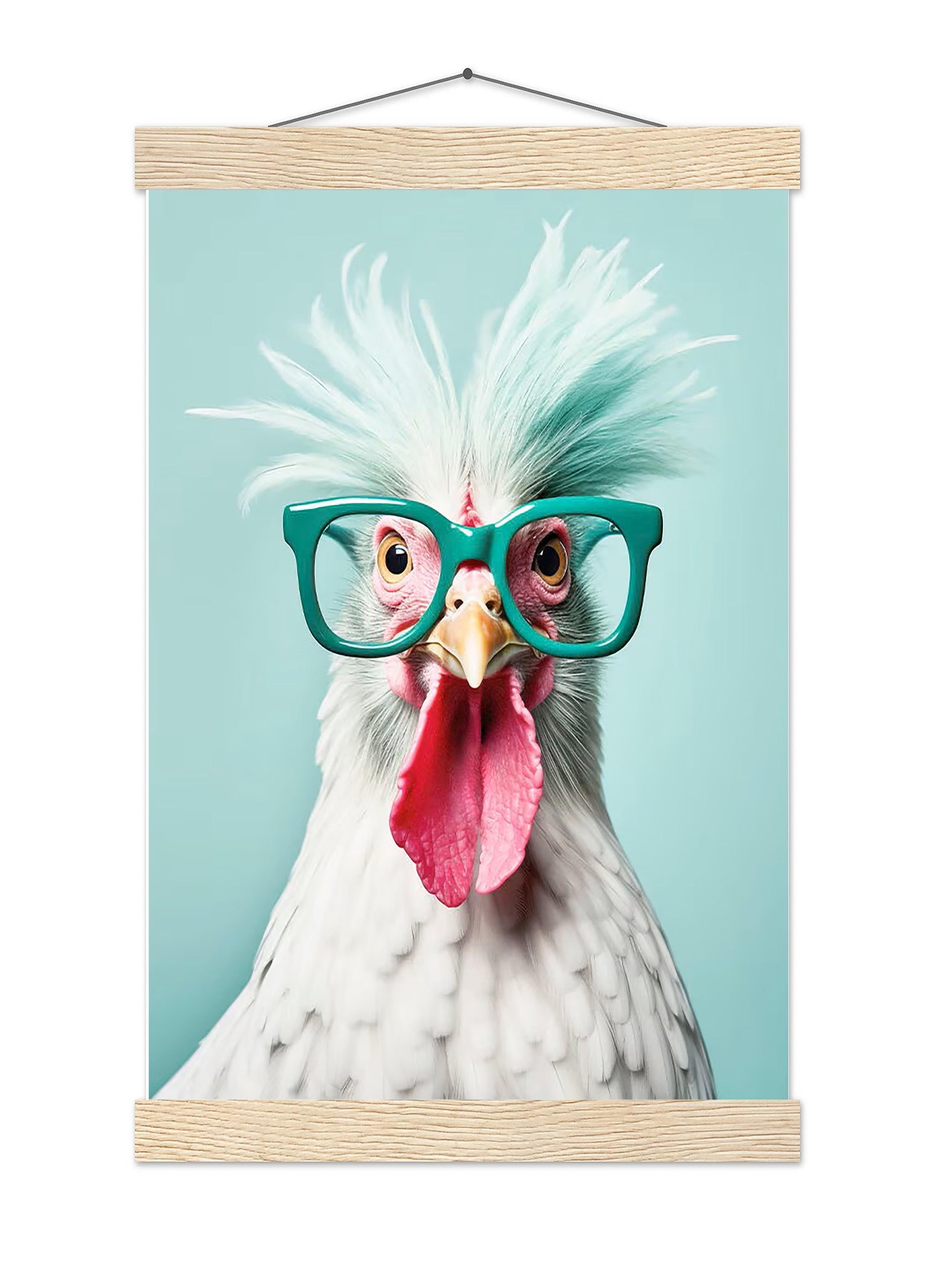 Funny Chicken Art Print, Teal Glasses, Quirky Home Decor