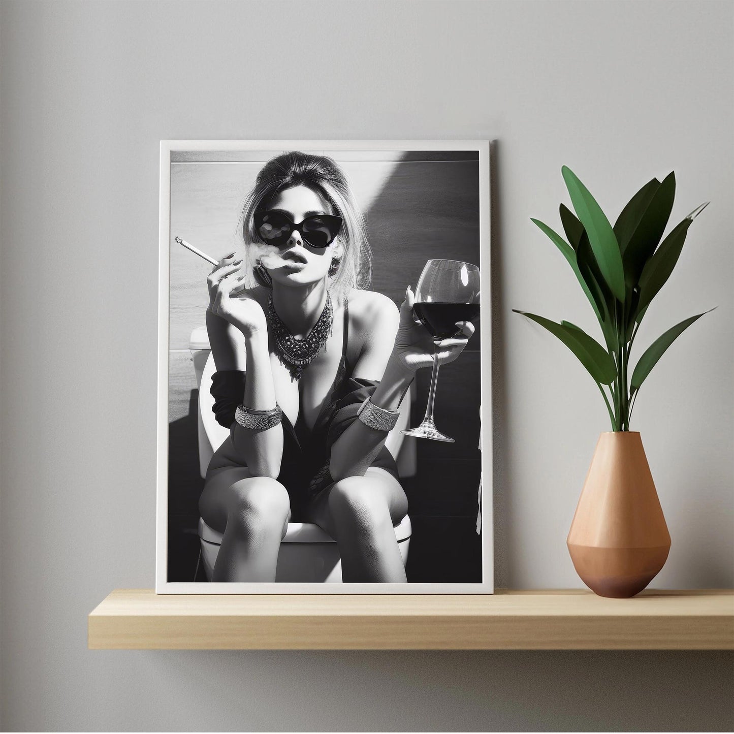 Girl On Toilet Wall Art Woman Drinking Wine Poster, Funny Bathroom Print - Chic Black and White Decor