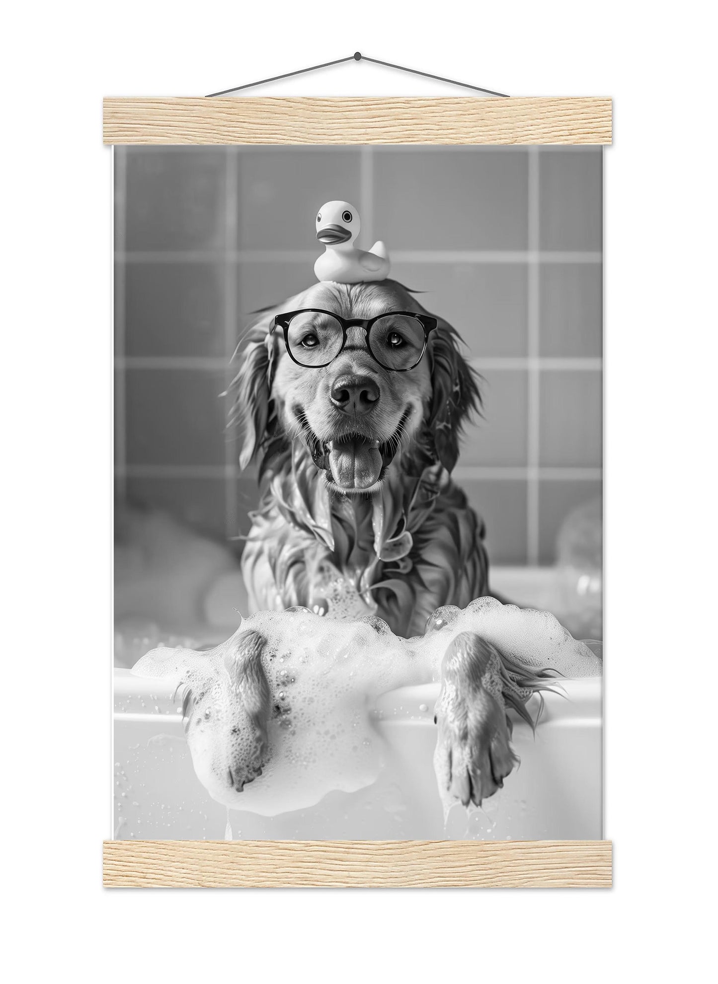 Golden Retriever Bath Print Dog in Tub, Funny Bathroom Decor - Black And White Art