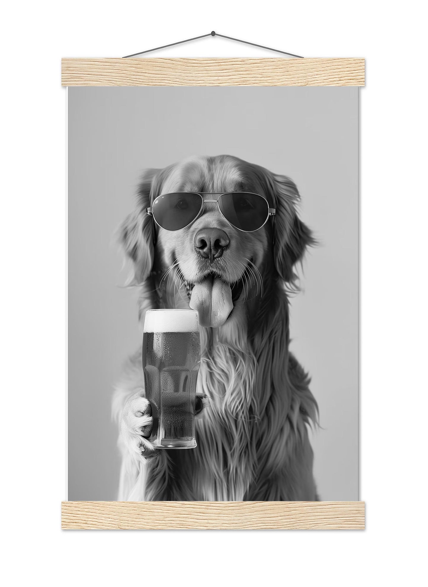 Golden Retriever Drinking Beer Pint Funny Dog Print, Bar Cart Dog Decor, Man Cave Poster - Black and White Wall Art
