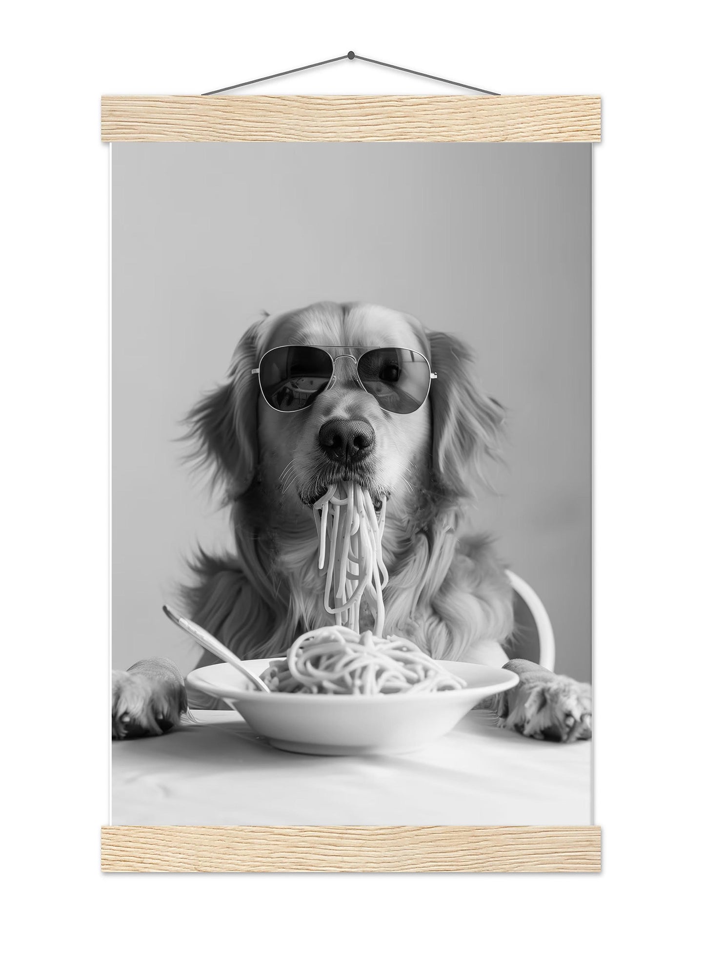 Golden Retriever Eating Pasta Wall Art Funny Spaghetti Dog Print, Black and White Kitchen Decor, Retro Dog Poster