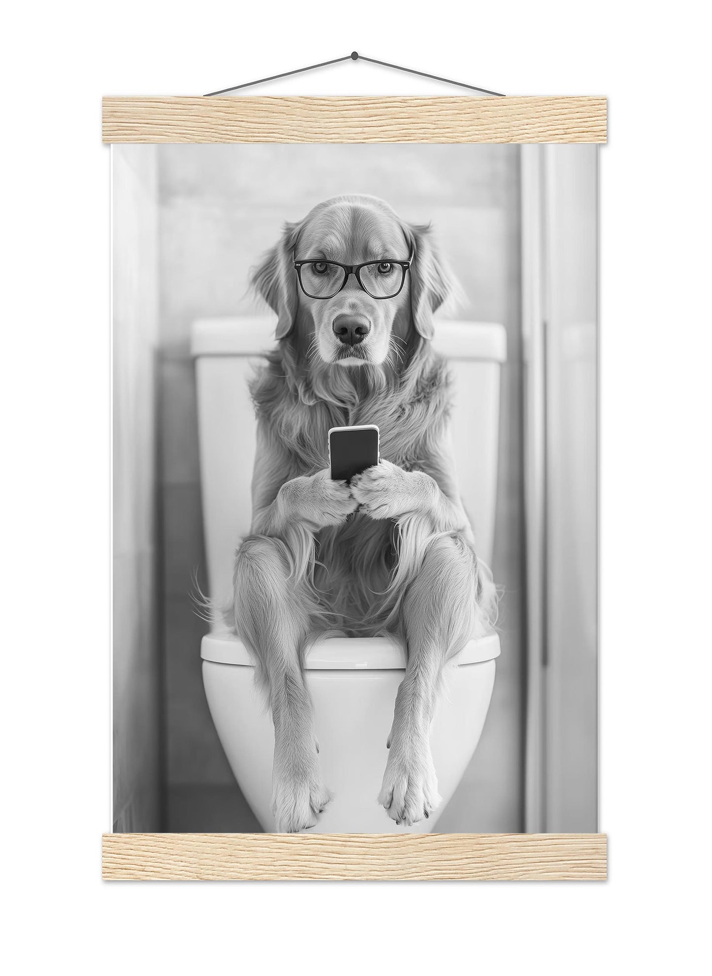 Golden Retriever On Toilet Print Dog Poster, Trendy Dog Art, Funny Bathroom Wall Decor - Black and White Wall Art