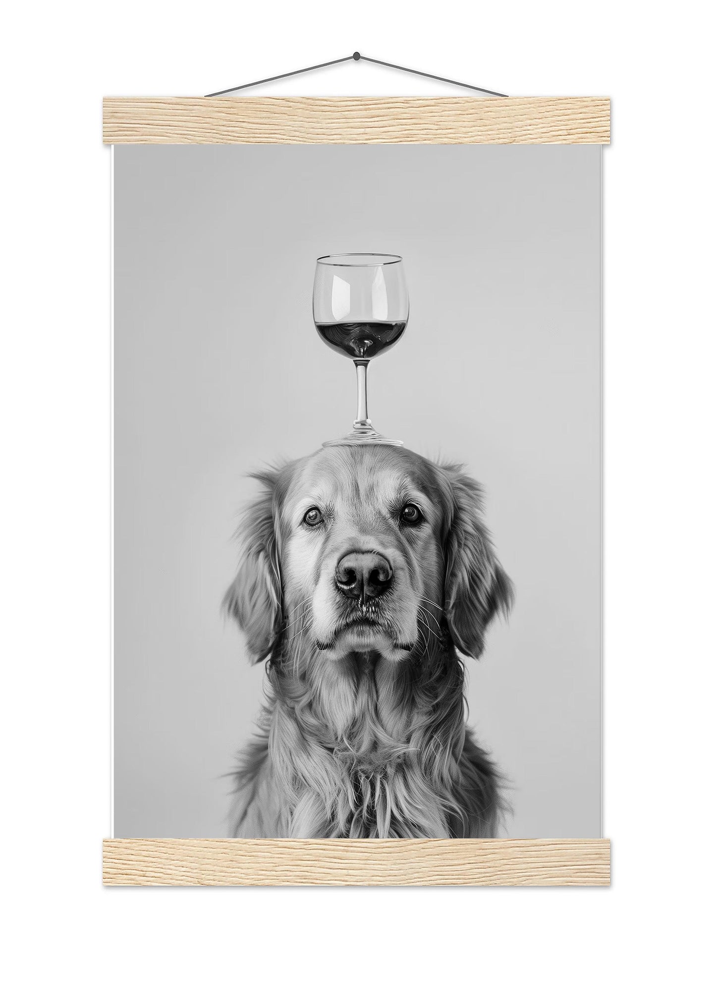Golden Retriever Wine Wall Art Funny Dog Balancing Glass Print, Bar Cart Poster, Black and White Kitchen Decor