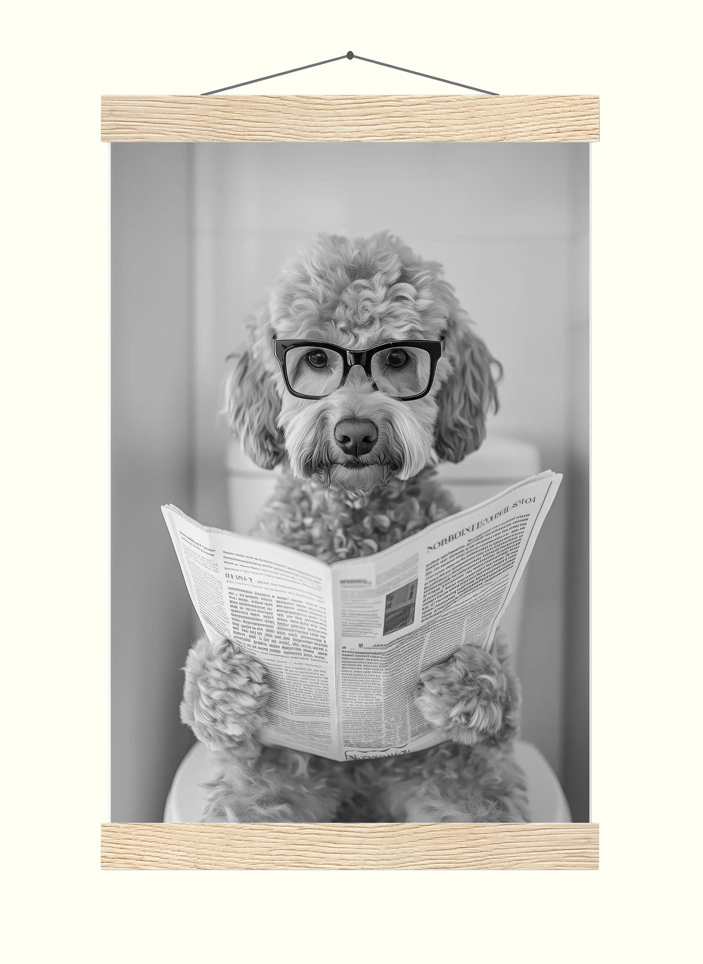 Goldendoodle Bathroom Wall Art – Funny Dog on Toilet Print, Doodle Reading Newspaper Poster, Bl