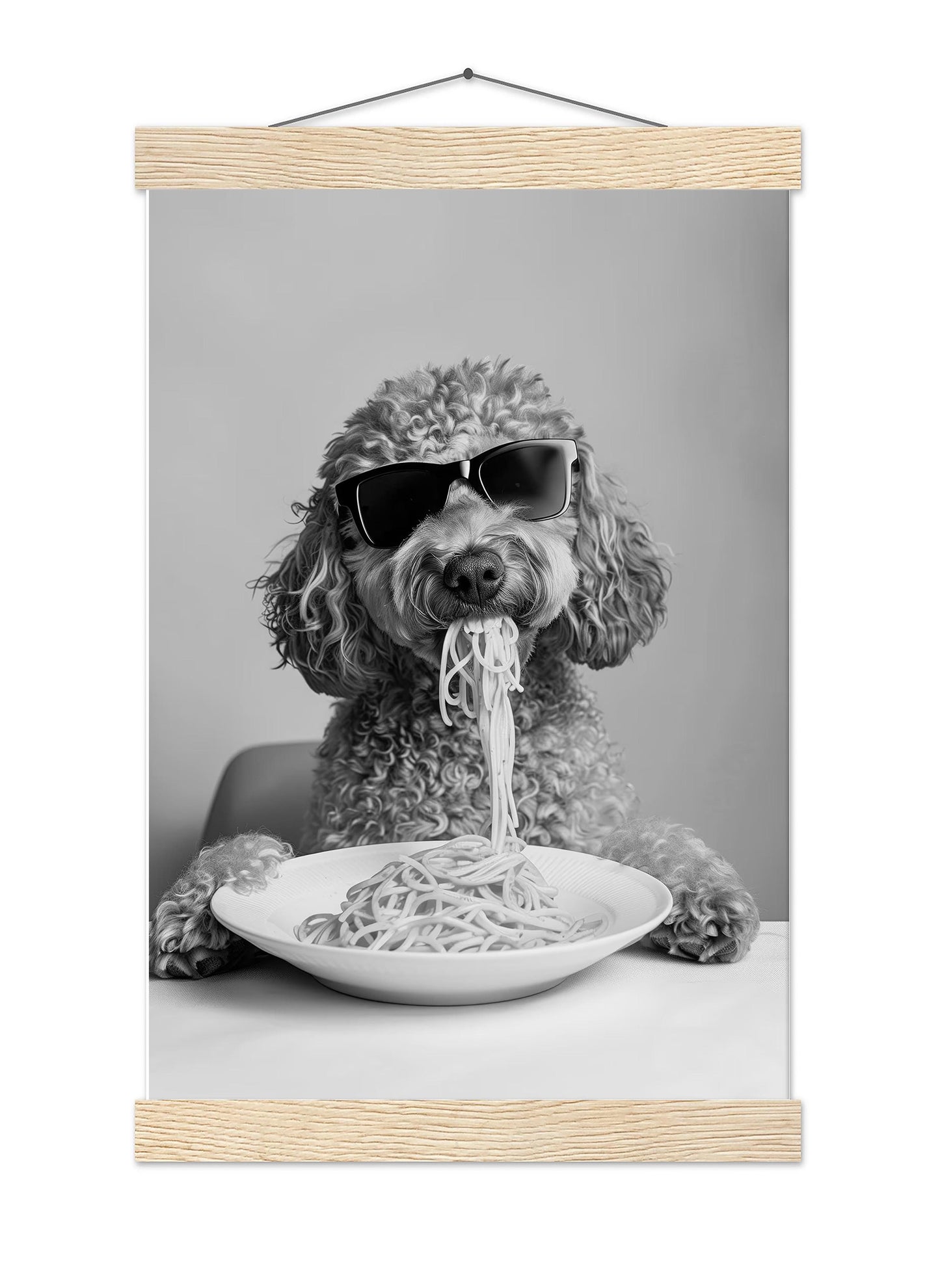 Labradoodle Eating Pasta Print Spaghetti Dog Print, Funny Dog Poster - Kitchen Wall Decor - Black and White Wall Art