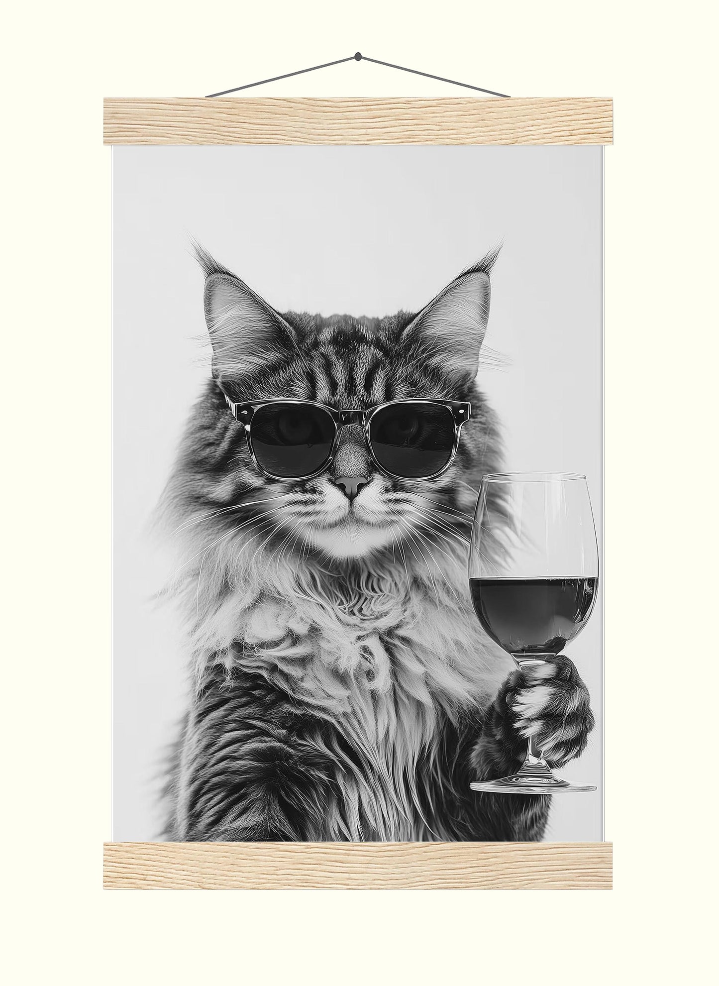 Maine Coon Cat Drinking Wine Wall Art, Black and White Print, Bar Cart Print, Cat Owner Gift, Funny Cat Poster