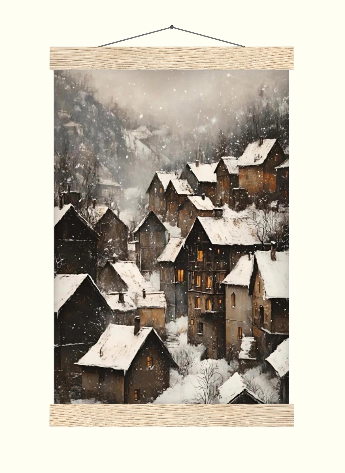 Moody Vintage European Village Wall Art Print, Rustic Snowy Mountain Cottages Landscape, Christmas Winter De
