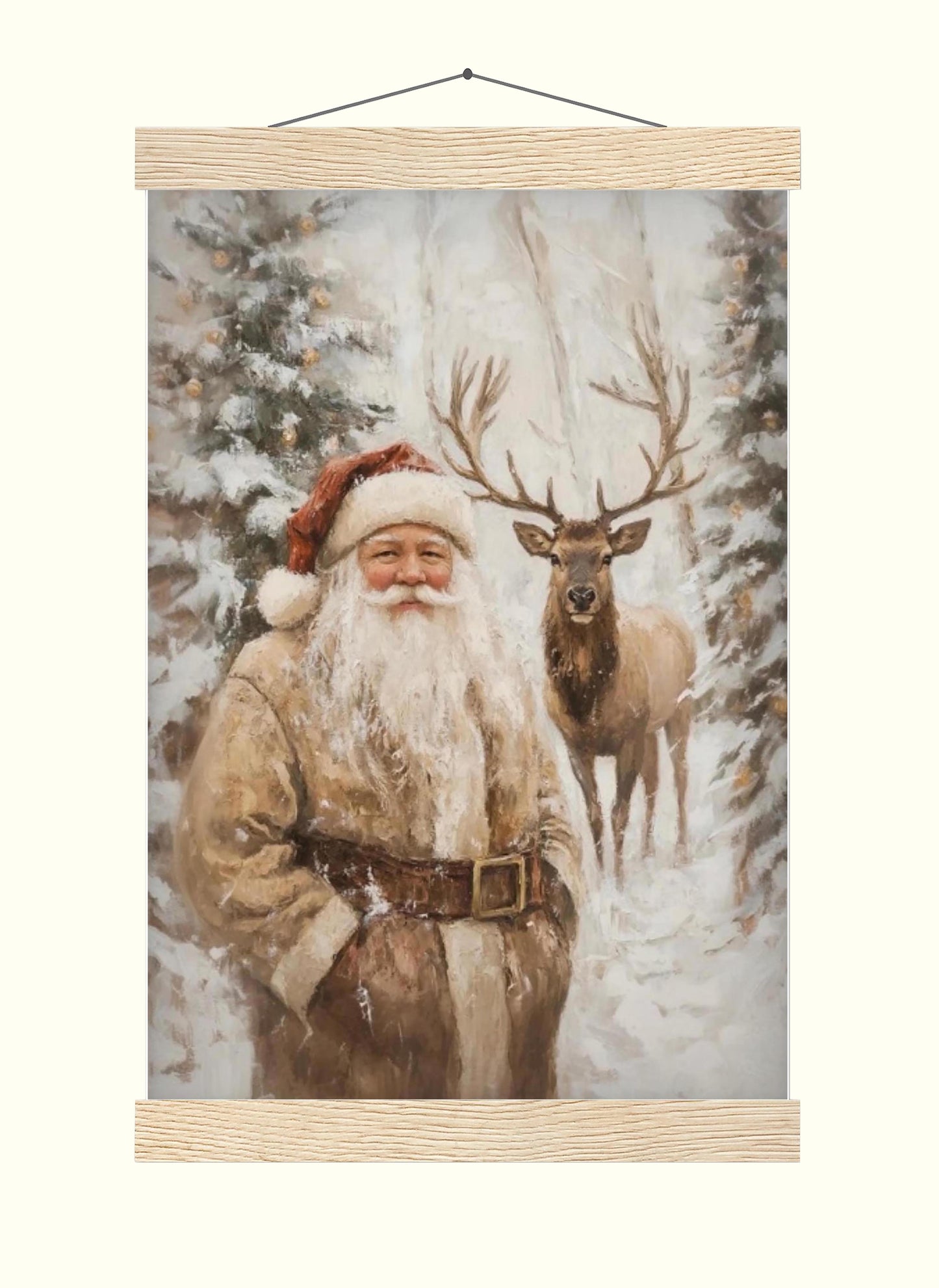 Santa Clause Reindeer Wall Art Print, Forest Snowfall in Winter Printable Christmas Home Decor, Digital Down