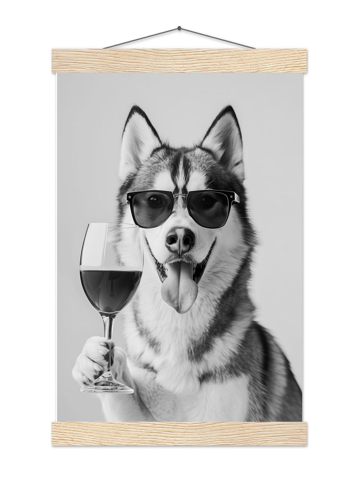 Siberian Husky and Wine Print Bar Cart Print, Funny Dog Poster, Trendy Kitchen Decor - Black and White Wall Art