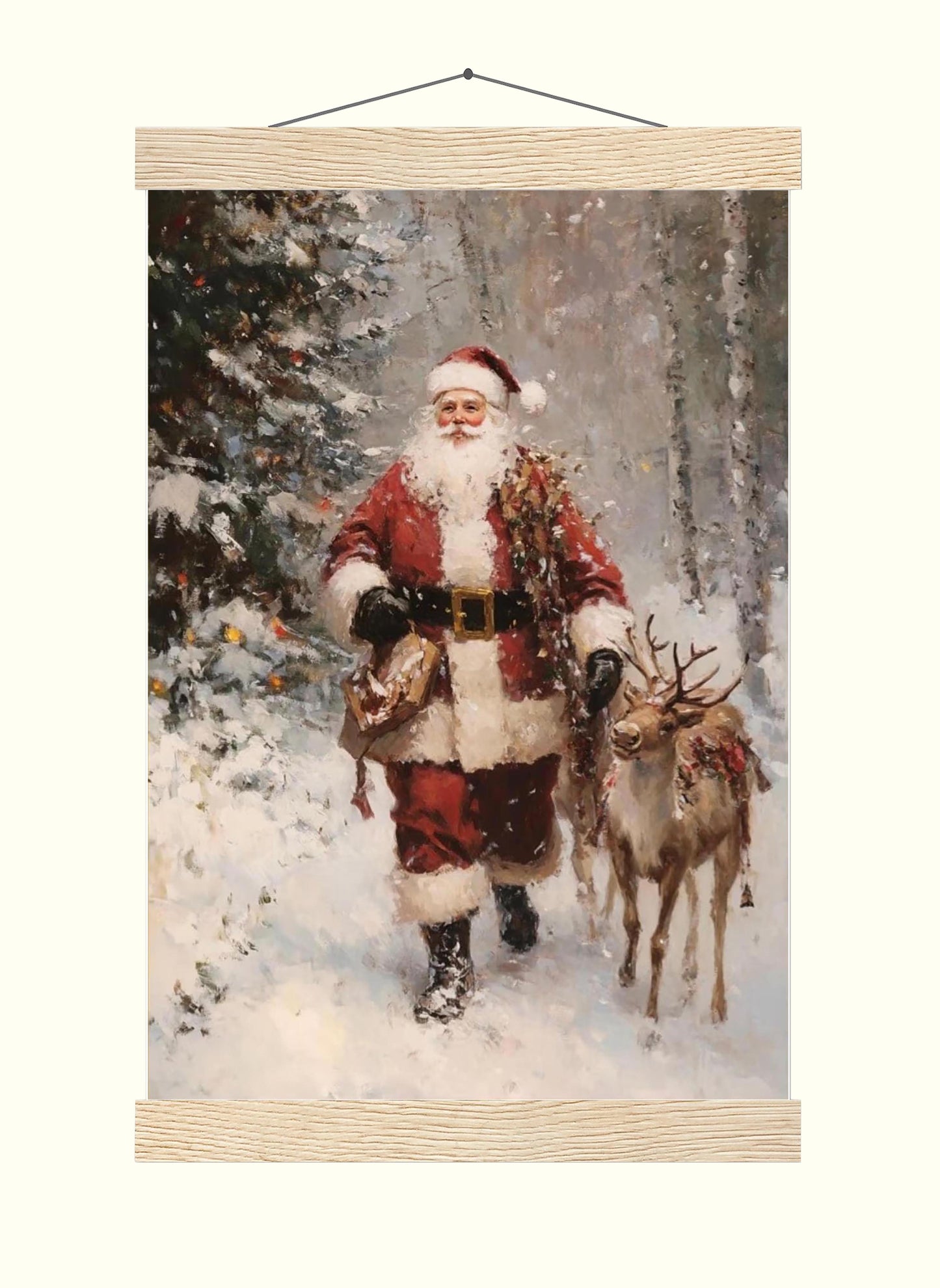 Vintage Christmas Wall Art Print, Santa Clause And Reindeer in Snow Covered Pine Tree Forest, Rustic Moody C