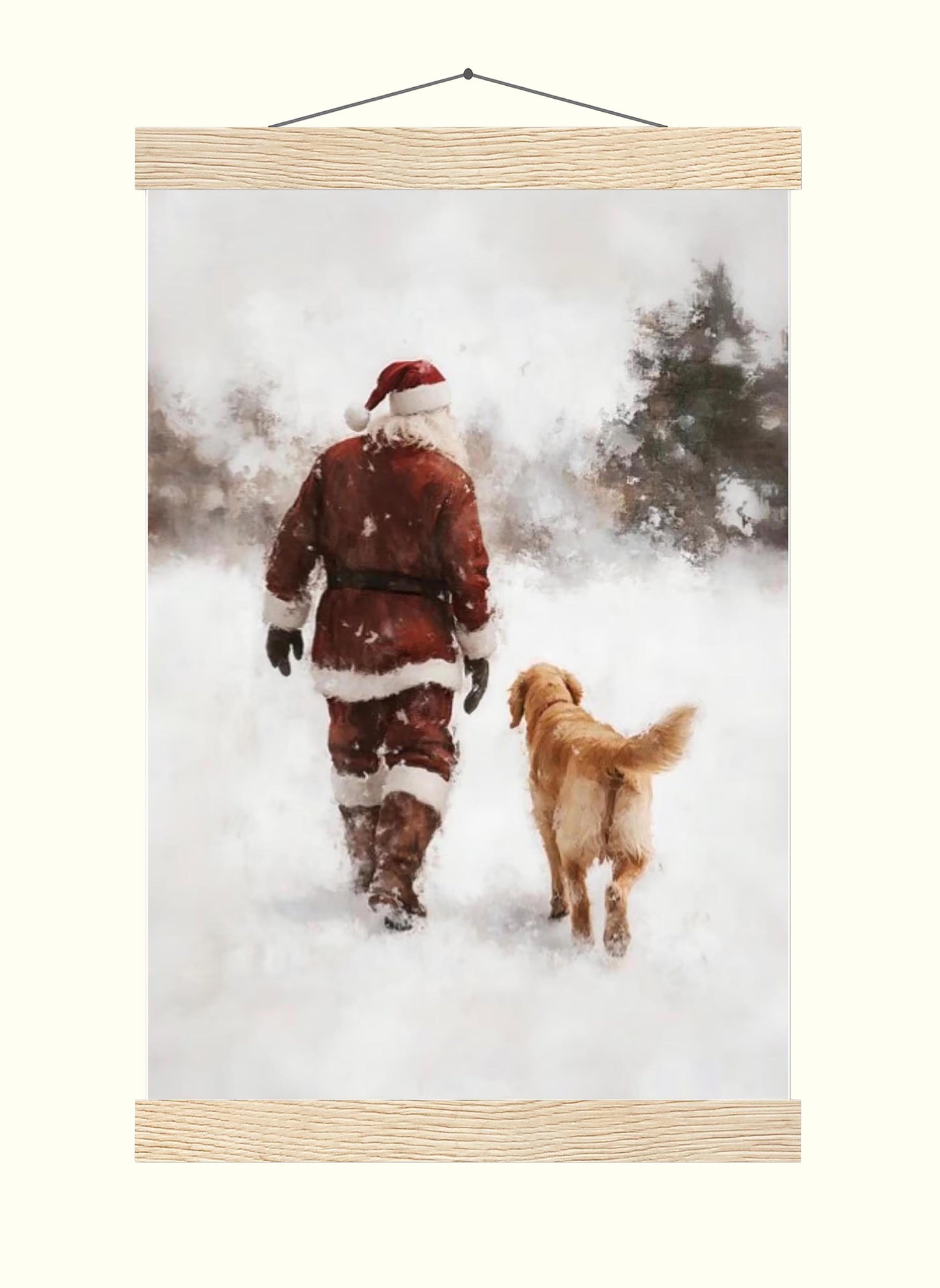 Vintage Santa and Golden Retriever Winter Forest Wall Art, Snowy Christmas Oil Painting Print, Cozy Holiday