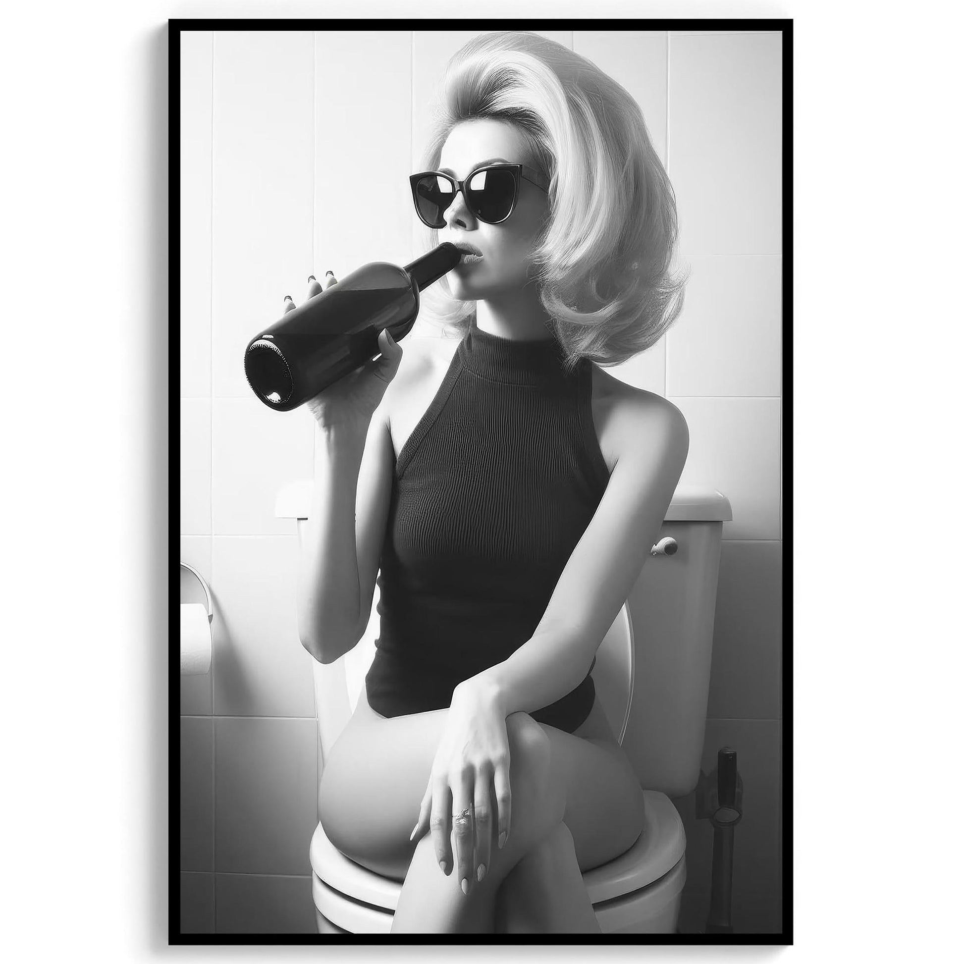 Woman On Toilet Drinking Wine Print Funny Bathroom Poster, Retro Fashion Wall Decor - Black & White Wall Art