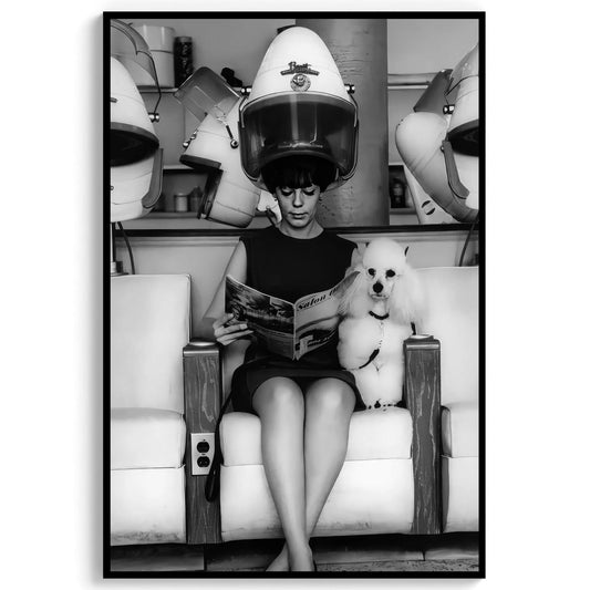 Woman with Poodle Beauty Salon Wall Art Vintage Hair Salon Decor, Funny Retro Poster, Black & White Print