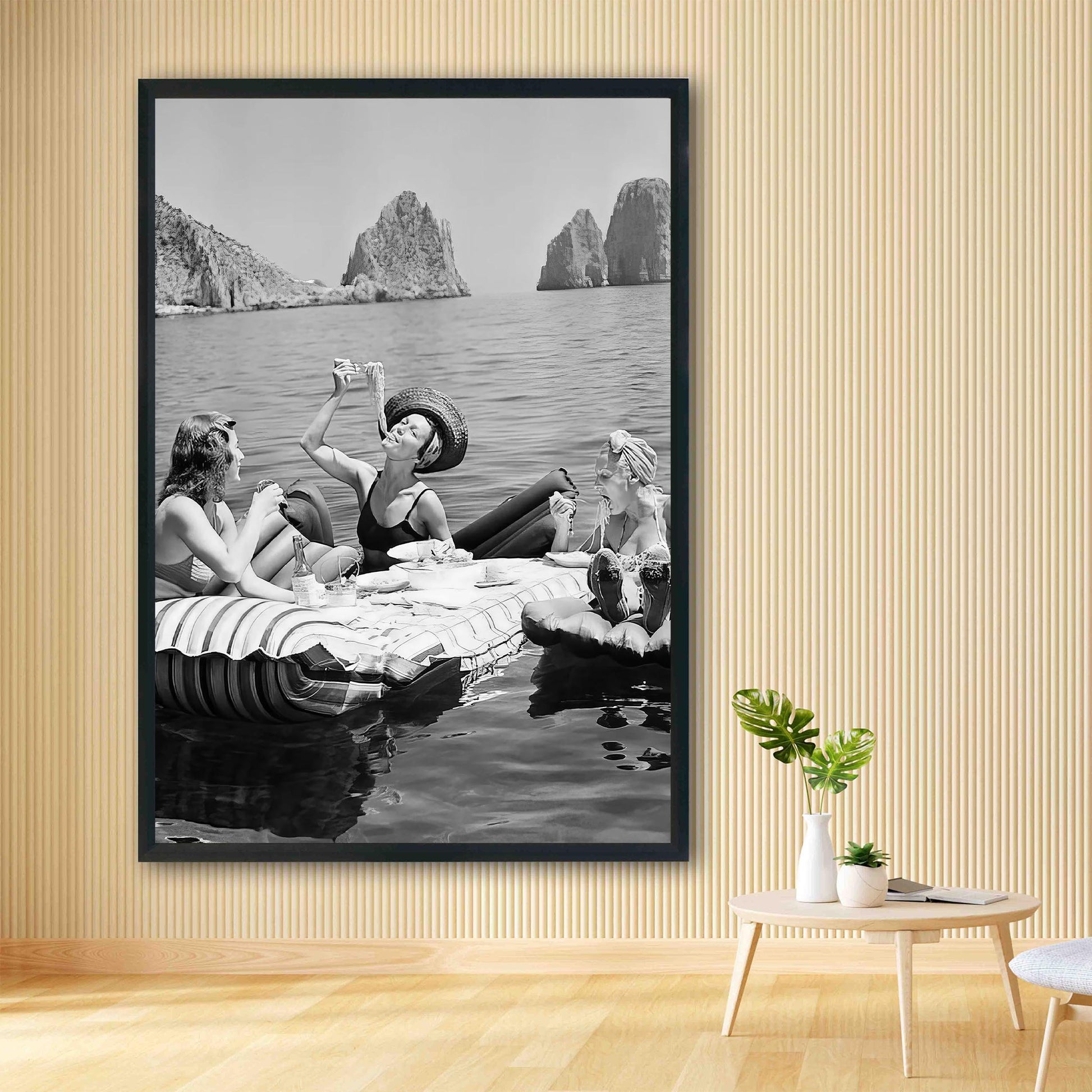 Women Eating Spaghetti Print Vintage Girls Eating Pasta on Lake, Black And White Art, Picnic On Floaties - Kitchen Wall
