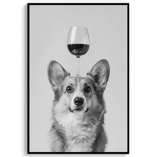 Corgi Balancing Wine Glass Print: Funny Bar Cart Dog Poster, Alcohol Kitchen Decor - Black & White Wall Art ArdorPrints