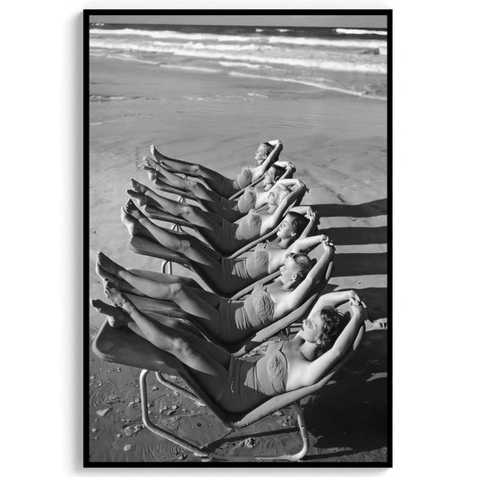 1950s Beach Wall Art Vintage Women Sunbathing Print, Retro Black and White Photography Decor