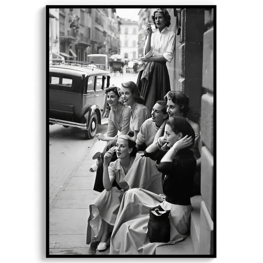 1950s Italy Fashion Print Retro Women on Street, Vintage Fashion Decor - Black and White Wall Art