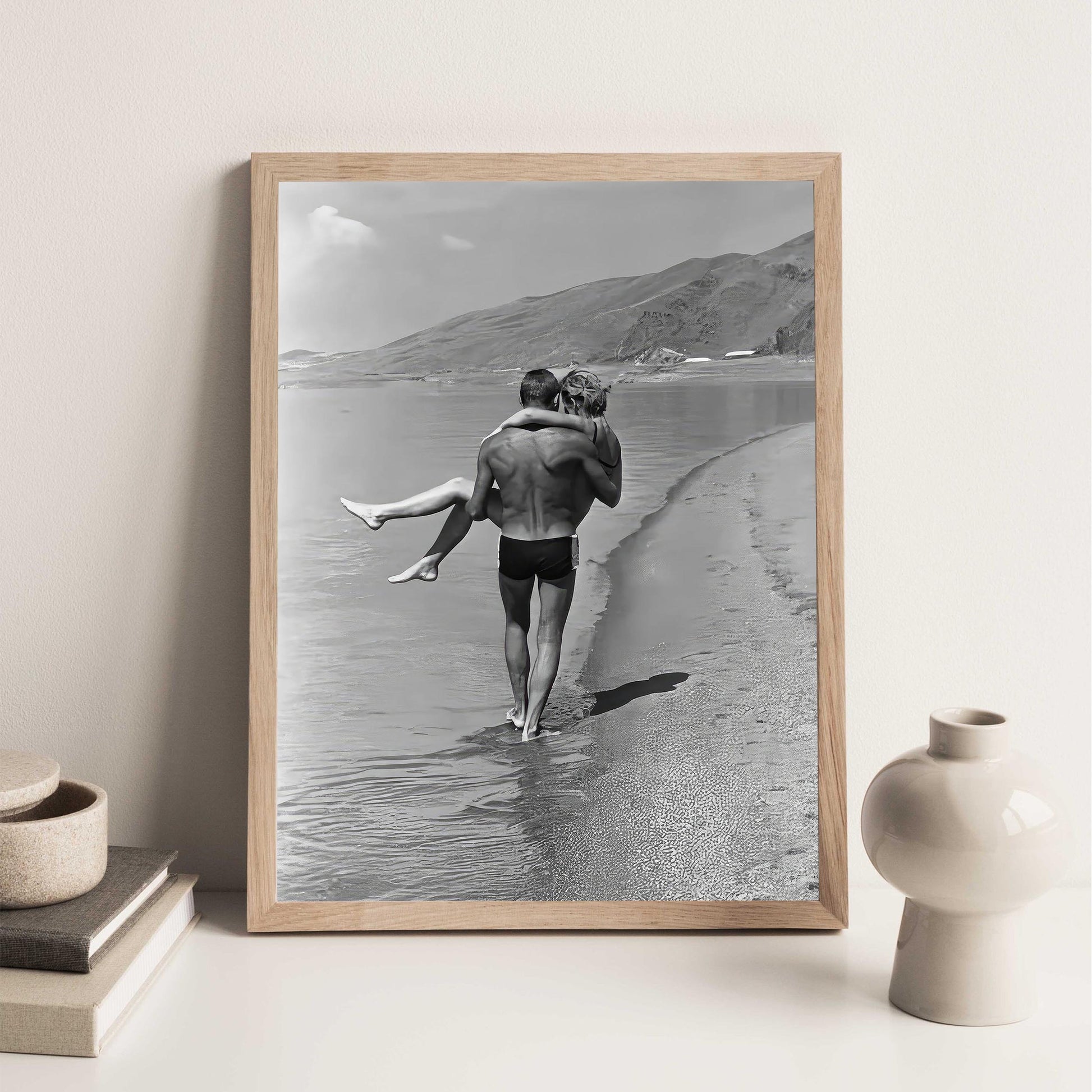 1960s Couple Beach Print Vintage Black and White Photography