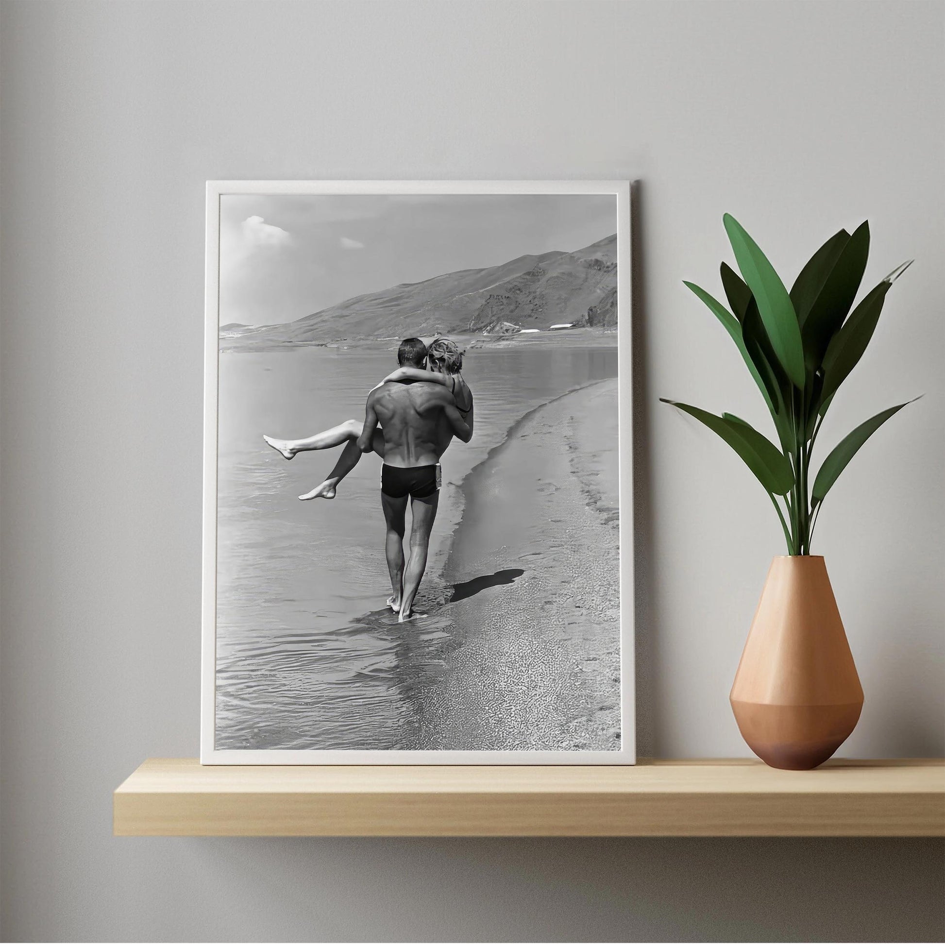 1960s Couple Beach Print Vintage Black and White Photography