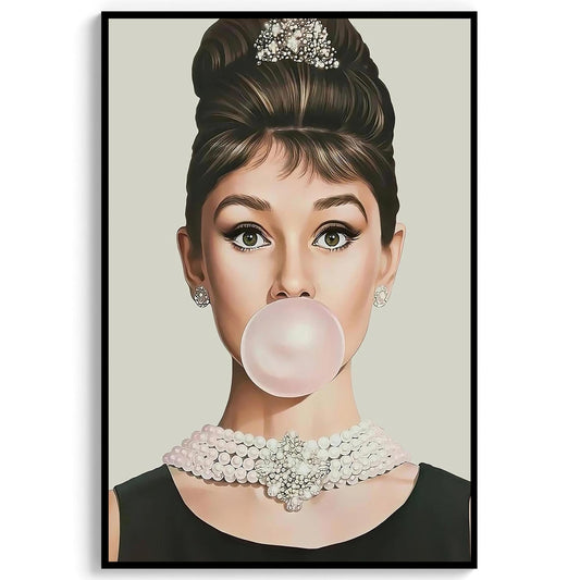 Audrey Hepburn Bubblegum Print Vintage Woman Fashion Wall Art, Retro Pop Art Poster - Feminist Decor