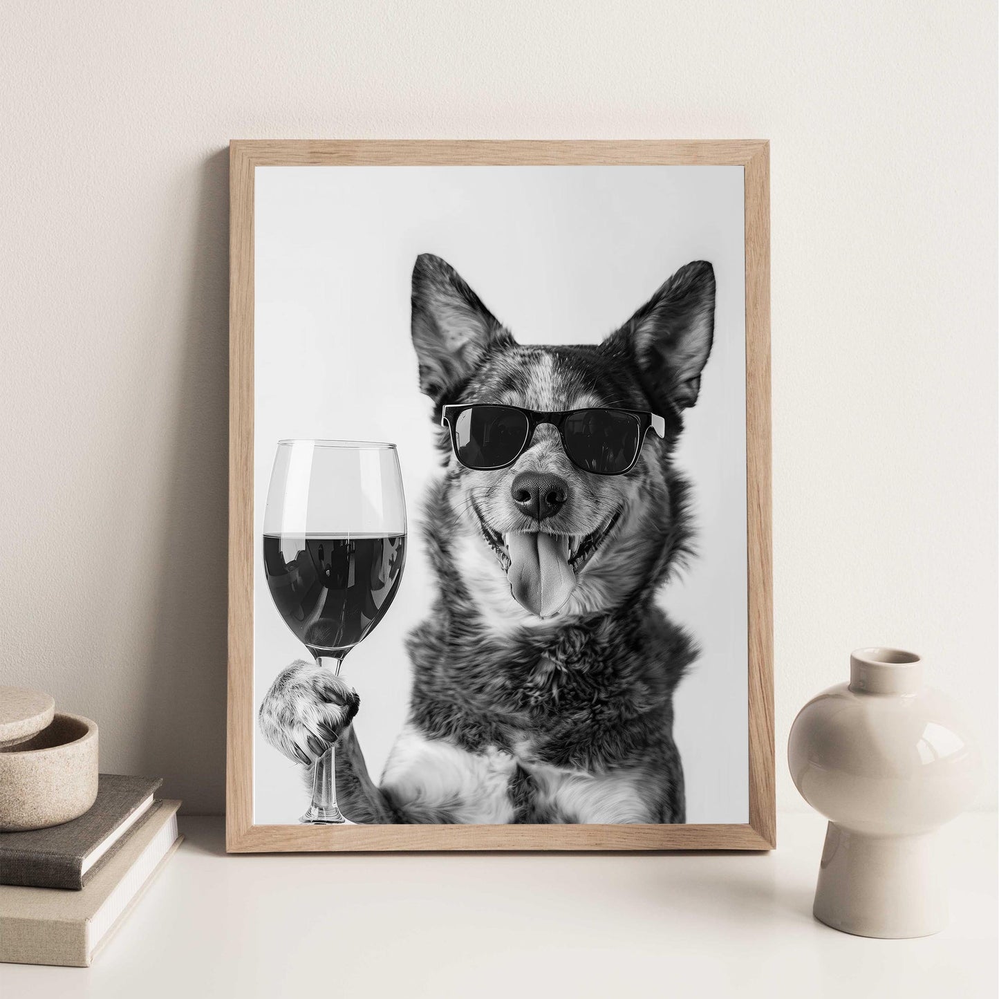 Australian Cattle Dog Wine Wall Art Blue Heeler Poster, Bar Cart, Funny Dog Poster, Kitchen Wall Art - Black and White Dec
