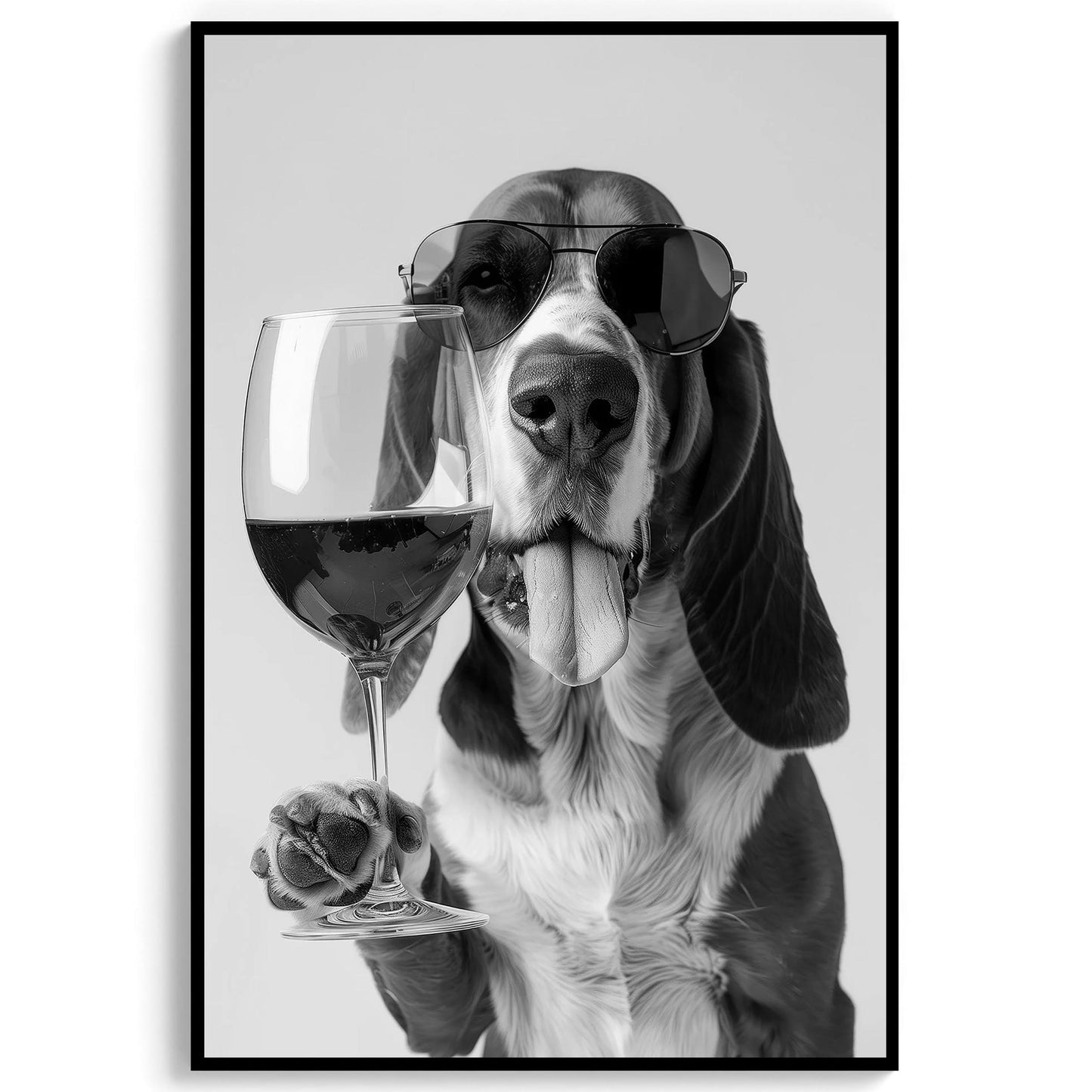 Basset Hound Wine Print Bar Cart Print, Funny Dog Poster, Trendy Kitchen Decor - Black and White Wall Art