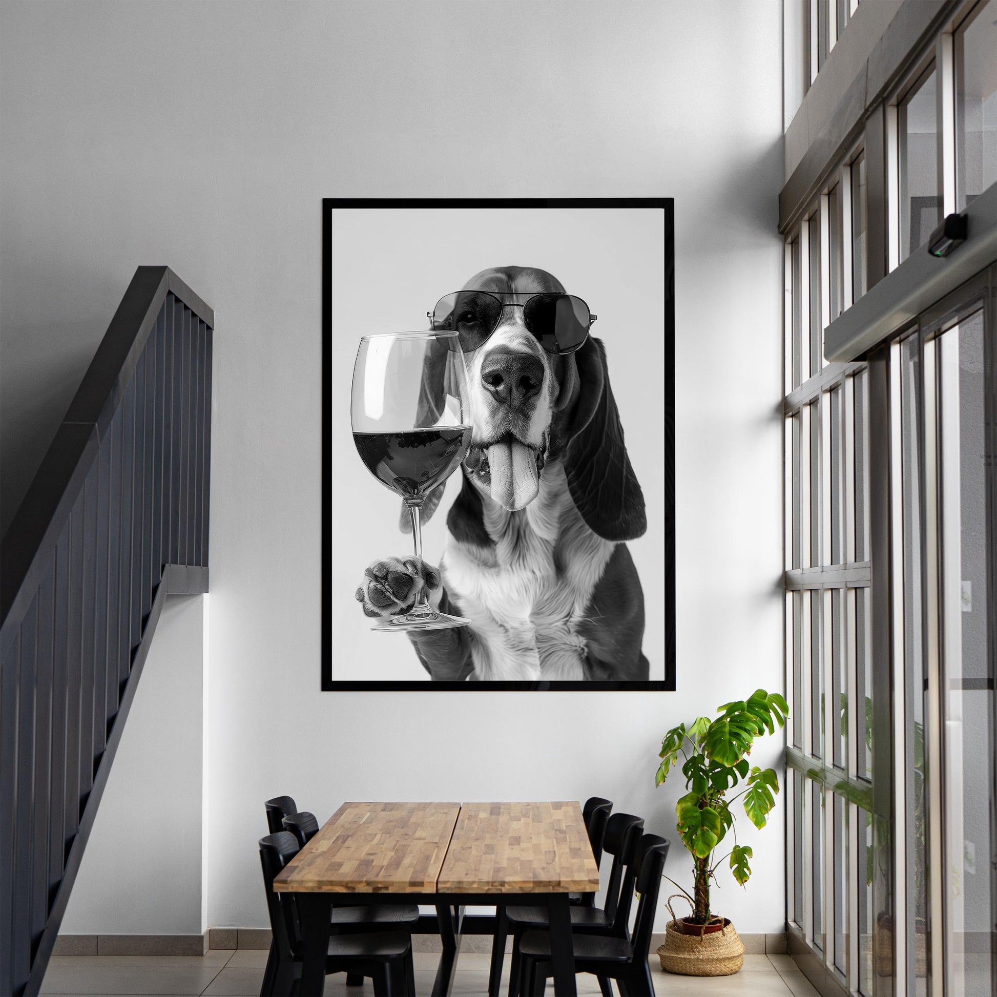 Basset Hound Wine Print Bar Cart Print, Funny Dog Poster, Trendy Kitchen Decor - Black and White Wall Art