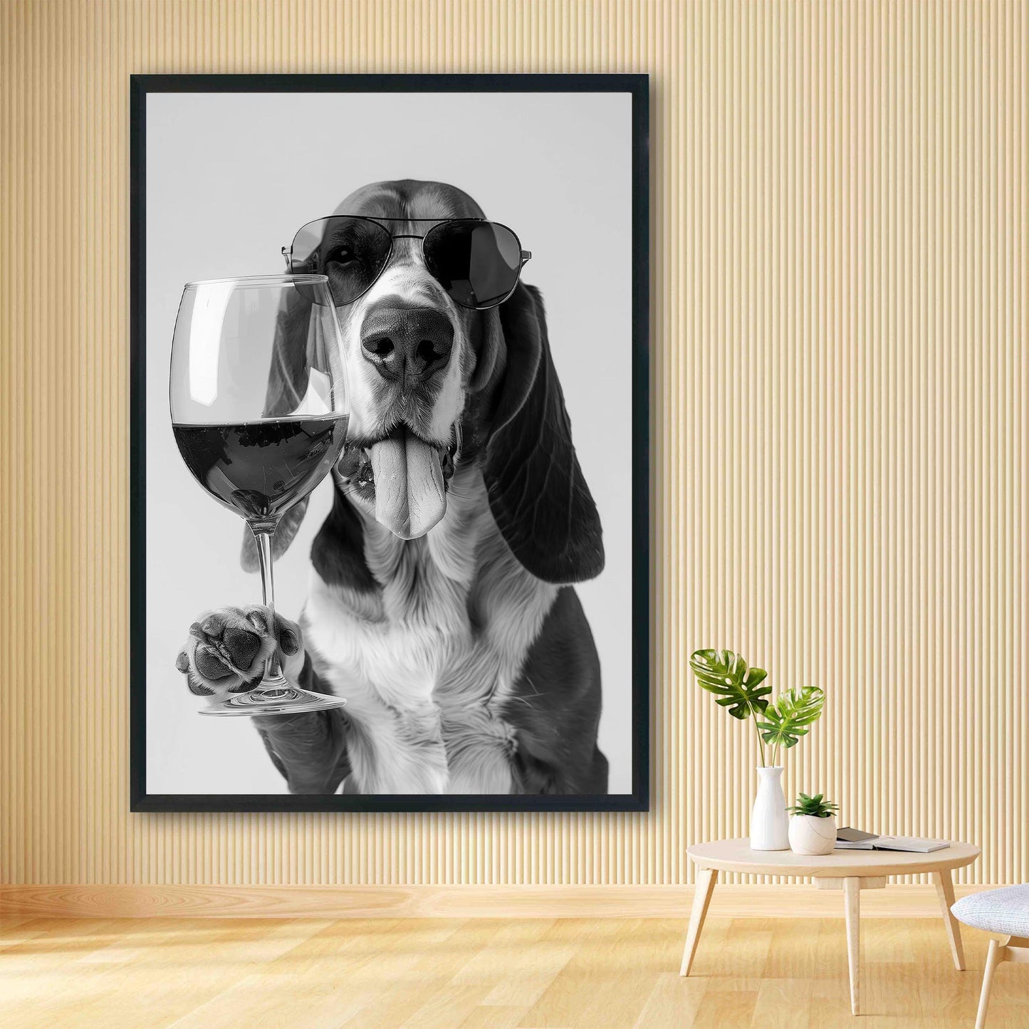 Basset Hound Wine Print Bar Cart Print, Funny Dog Poster, Trendy Kitchen Decor - Black and White Wall Art