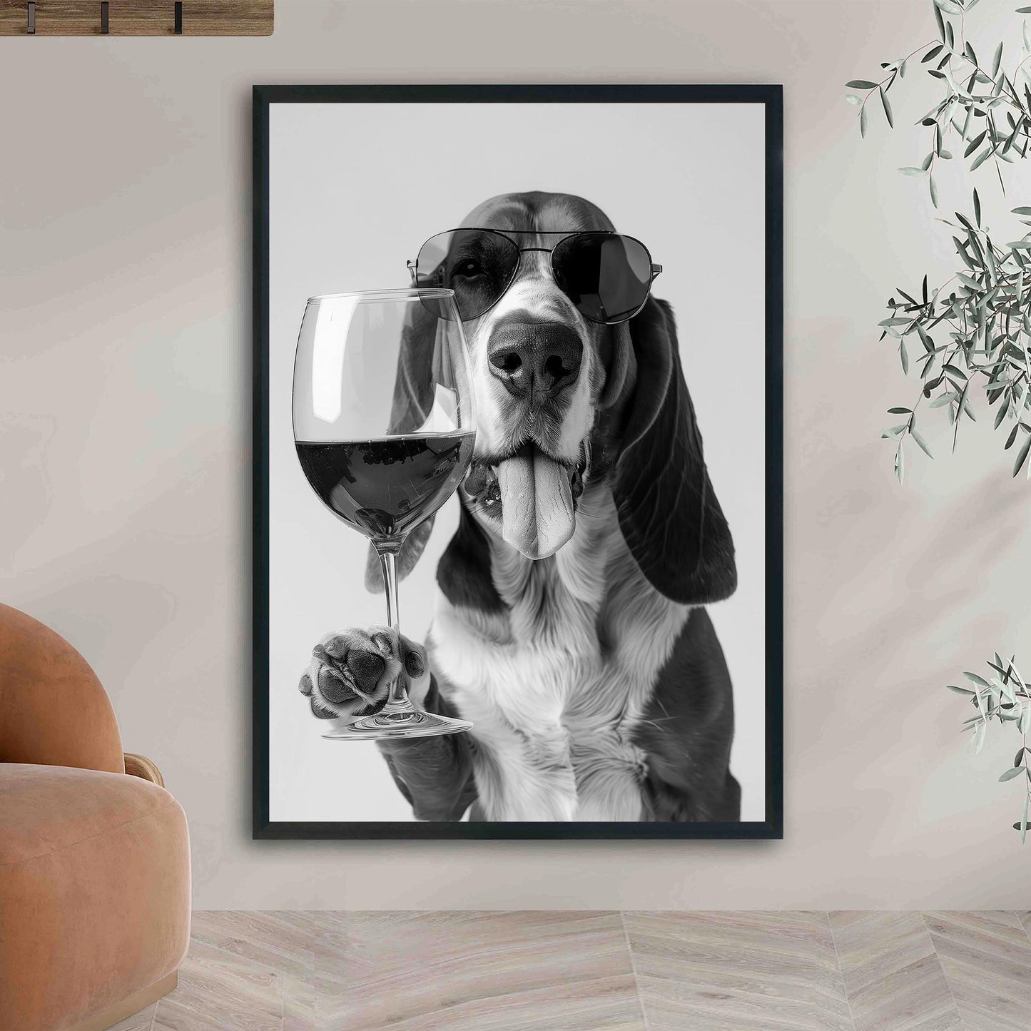 Basset Hound Wine Print Bar Cart Print, Funny Dog Poster, Trendy Kitchen Decor - Black and White Wall Art