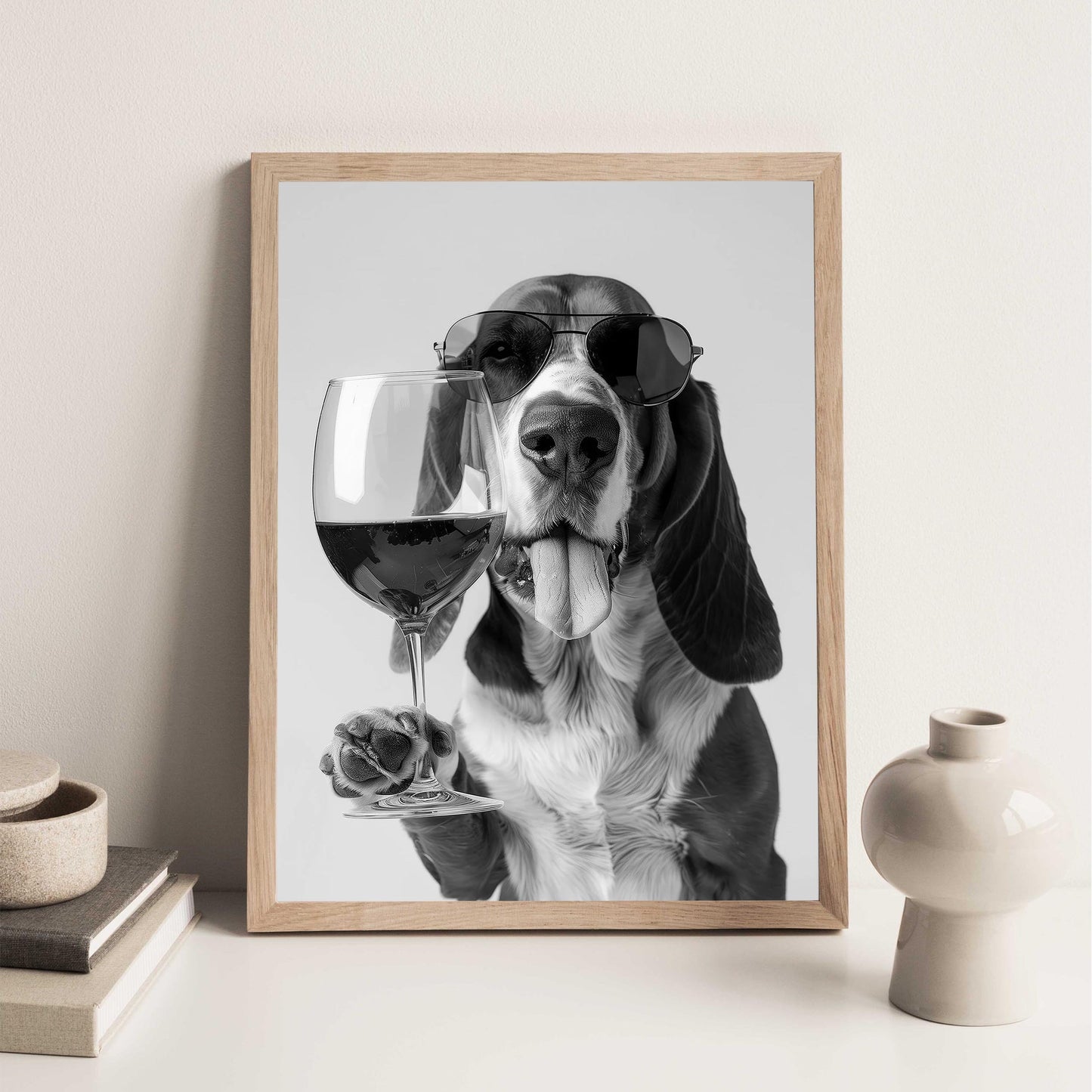 Basset Hound Wine Print Bar Cart Print, Funny Dog Poster, Trendy Kitchen Decor - Black and White Wall Art