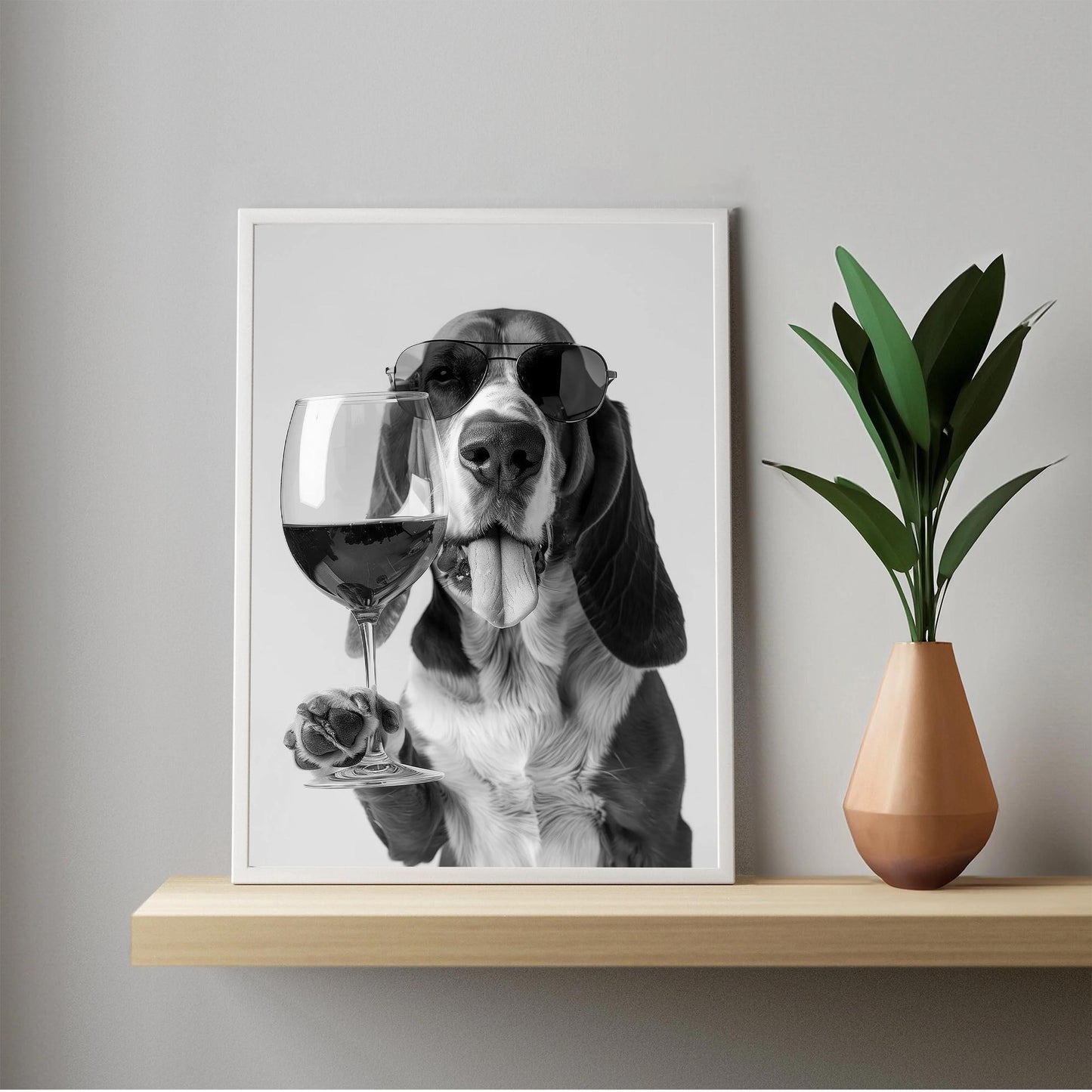 Basset Hound Wine Print Bar Cart Print, Funny Dog Poster, Trendy Kitchen Decor - Black and White Wall Art