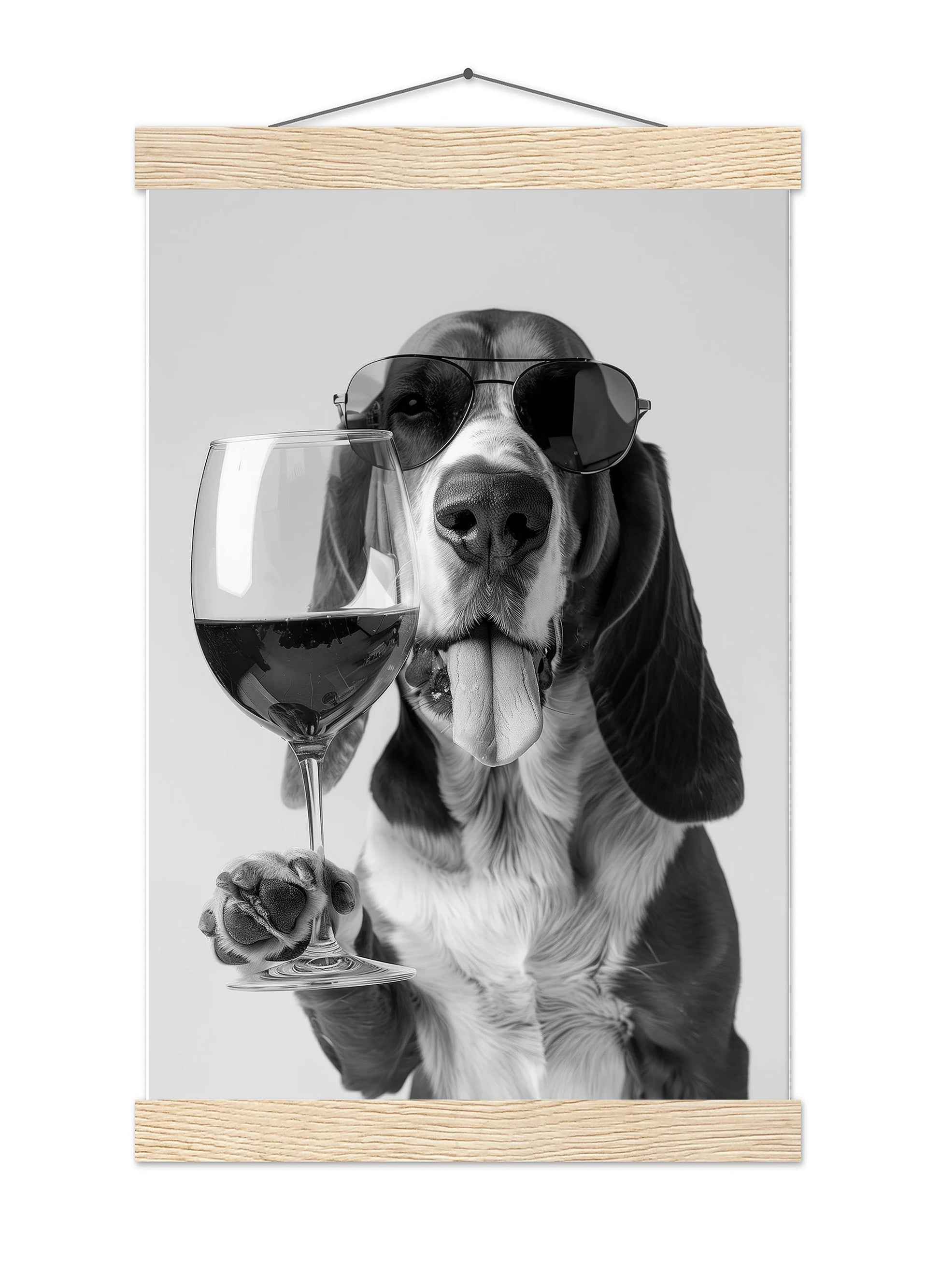 Basset Hound Wine Print Bar Cart Print, Funny Dog Poster, Trendy Kitchen Decor - Black and White Wall Art