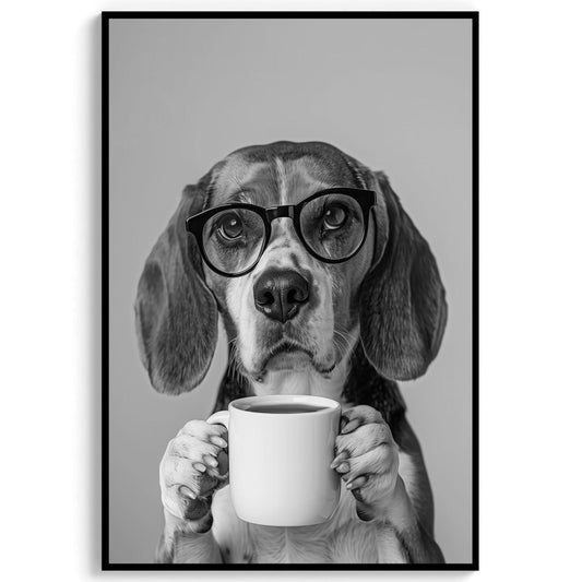 Beagle Drinking Coffee Print Coffee Bar Decor, Funny Dog Poster, Kitchen Wall Art - Black and White Print