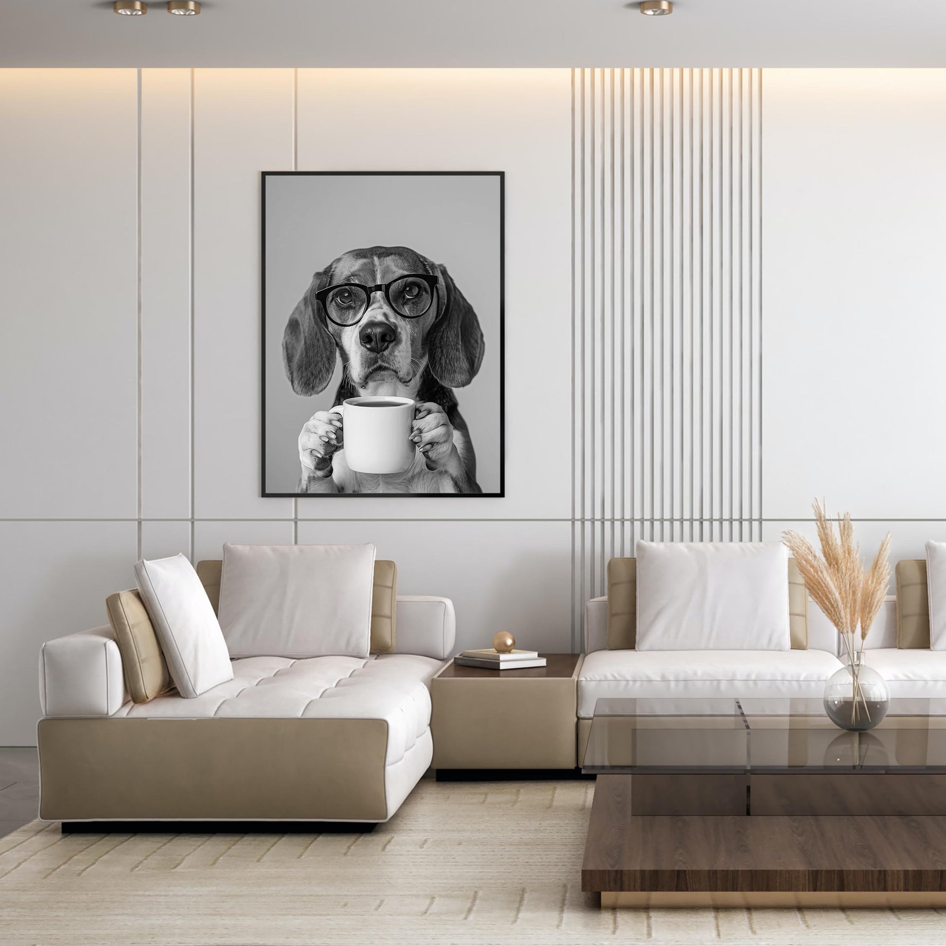Beagle Drinking Coffee Print Coffee Bar Decor, Funny Dog Poster, Kitchen Wall Art - Black and White Print