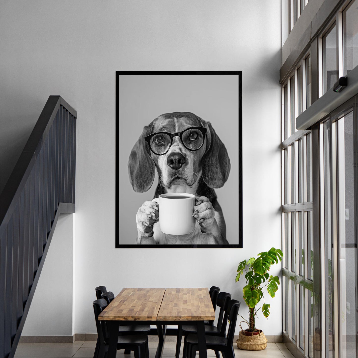 Beagle Drinking Coffee Print Coffee Bar Decor, Funny Dog Poster, Kitchen Wall Art - Black and White Print
