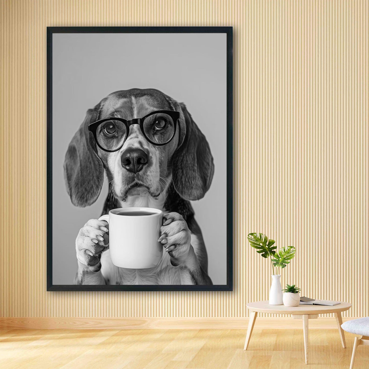 Beagle Drinking Coffee Print Coffee Bar Decor, Funny Dog Poster, Kitchen Wall Art - Black and White Print